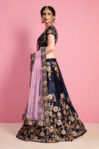 Navy Blue Pakistani Velvet Silk Lehenga Choli For Indian Festival & Weddings - Sequence Embroidery Work, Zari Work, Dori Work