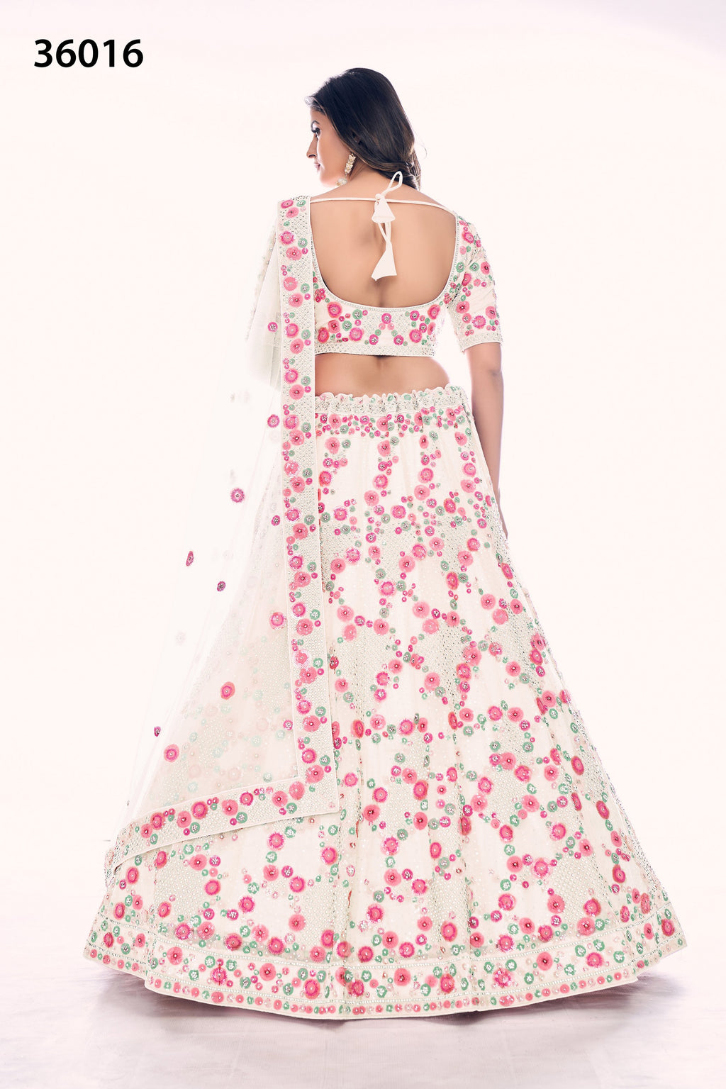 Off White Pakistani Net Lehenga Choli For Indian Festivals & Weddings - Sequence Embroidery Work, Thread Embroidery Work, Dori Work, Zarkan Work