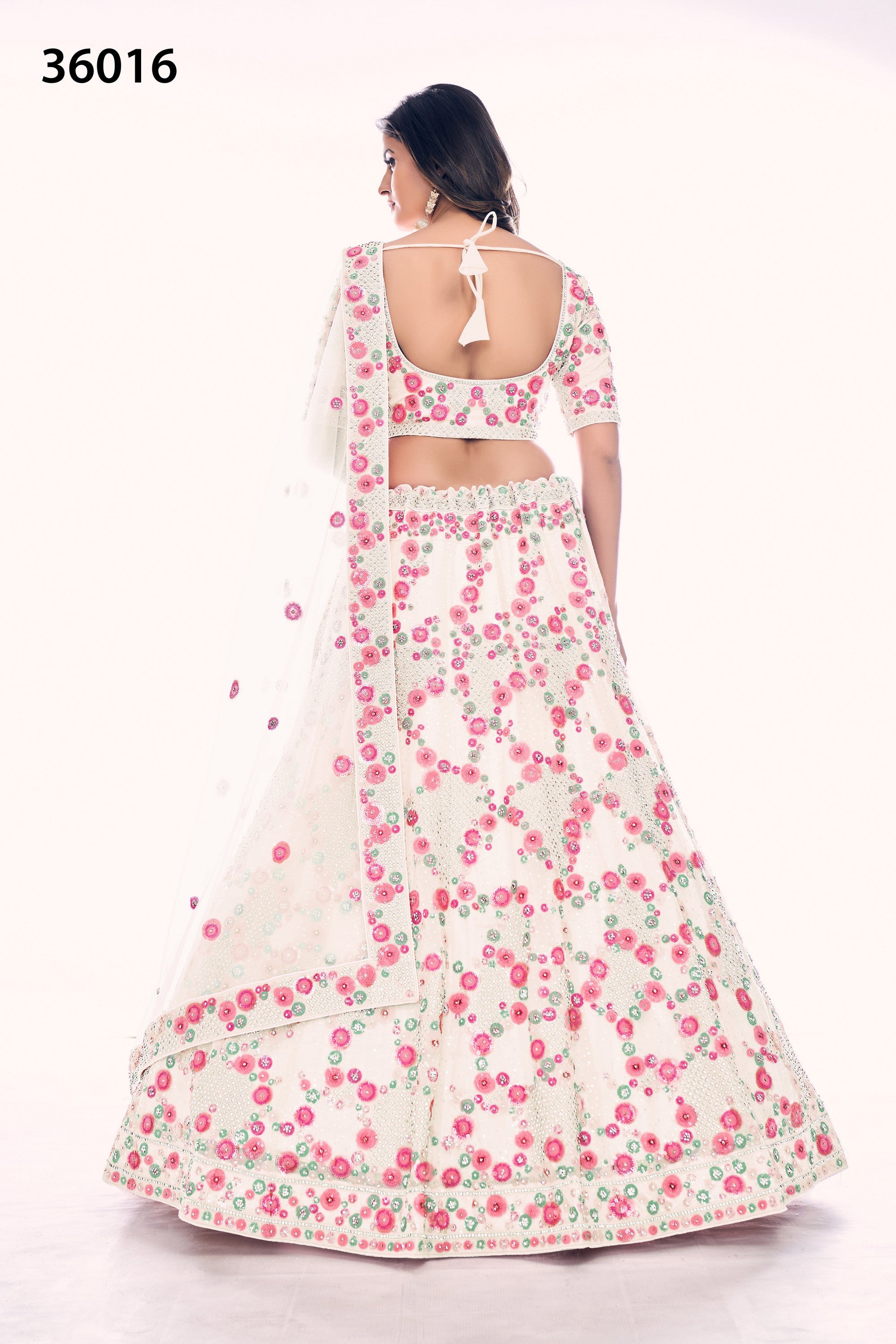 Off White Pakistani Net Lehenga Choli For Indian Festivals & Weddings - Sequence Embroidery Work, Thread Embroidery Work, Dori Work, Zarkan Work