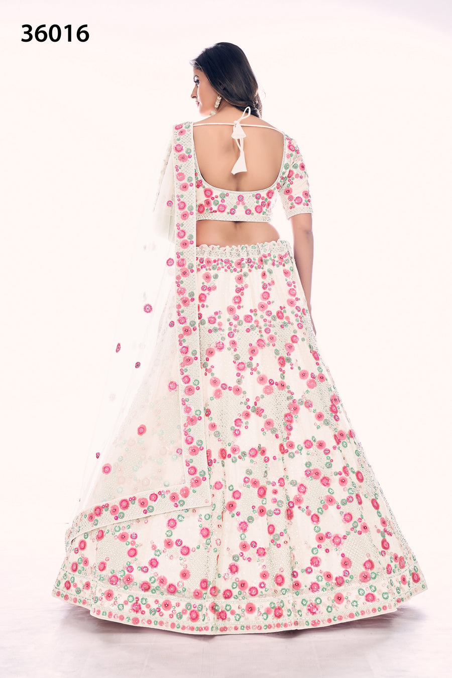 Off White Pakistani Net Lehenga Choli For Indian Festivals & Weddings - Sequence Embroidery Work, Thread Embroidery Work, Dori Work, Zarkan Work