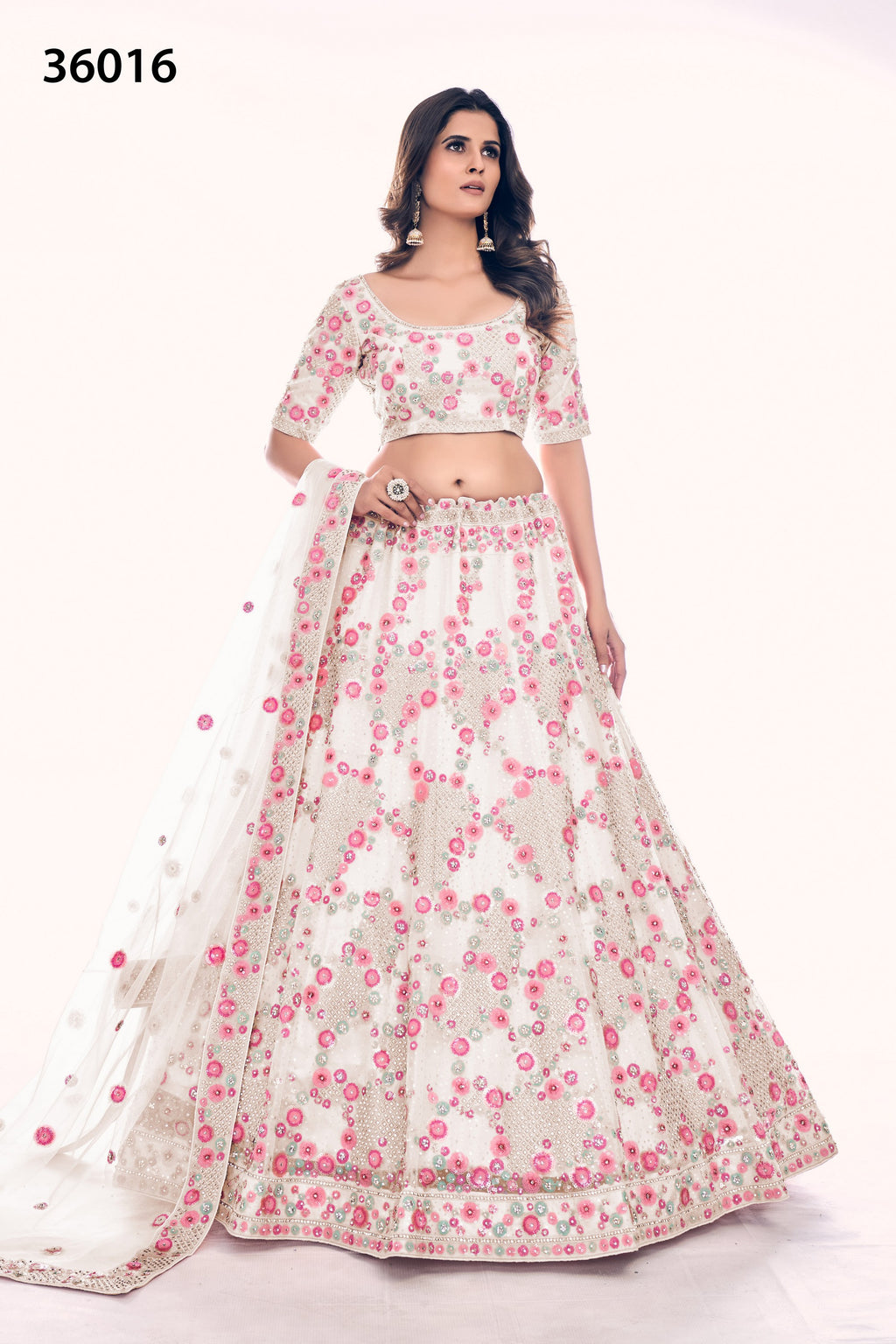 Off White Pakistani Net Lehenga Choli For Indian Festivals & Weddings - Sequence Embroidery Work, Thread Embroidery Work, Dori Work, Zarkan Work