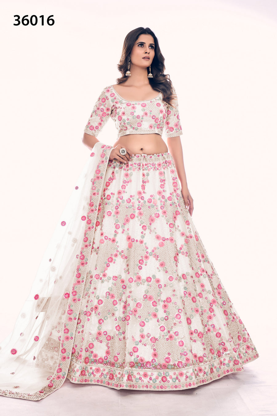 Off White Pakistani Net Lehenga Choli For Indian Festivals & Weddings - Sequence Embroidery Work, Thread Embroidery Work, Dori Work, Zarkan Work