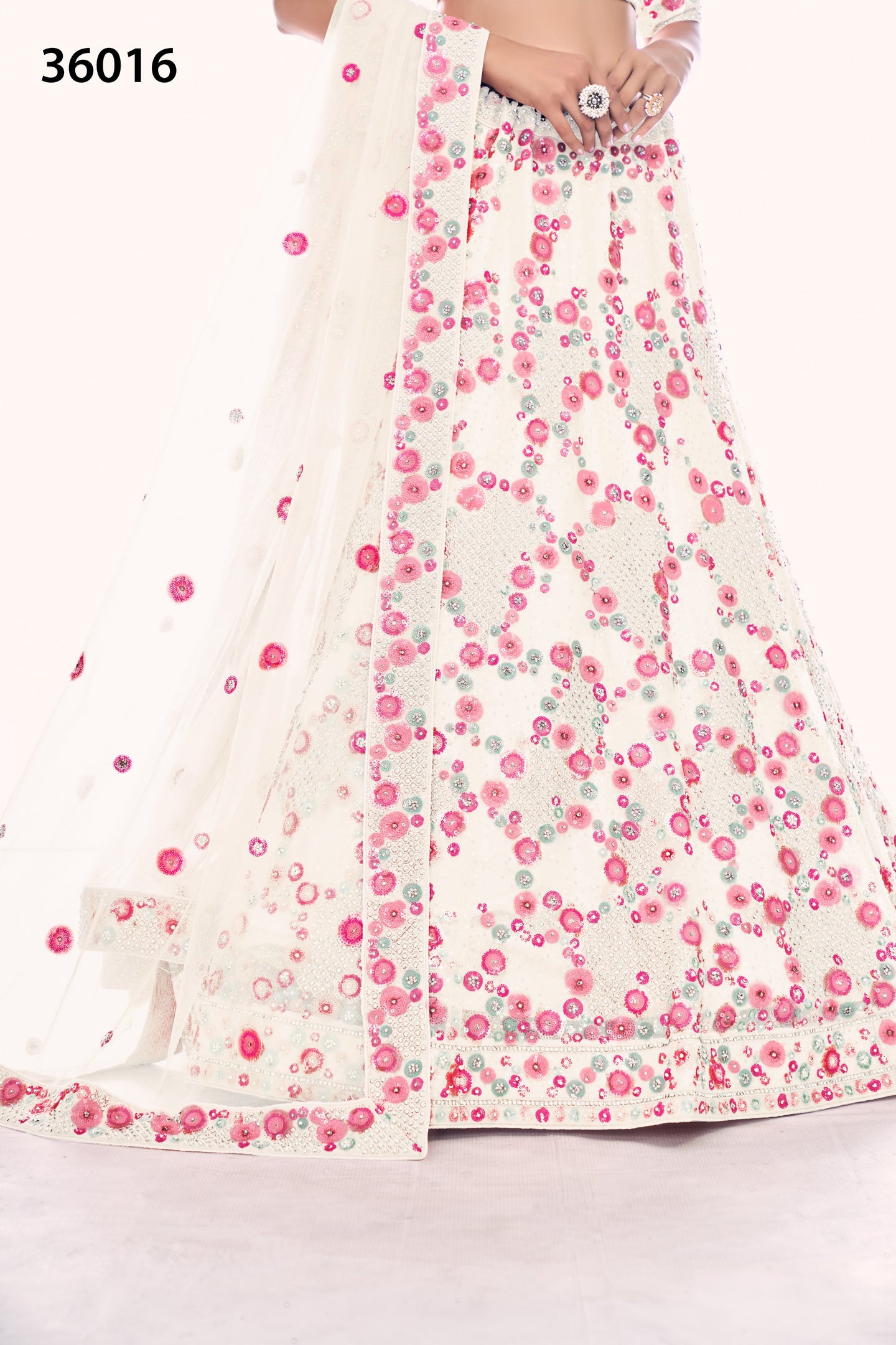 Off White Pakistani Net Lehenga Choli For Indian Festivals & Weddings - Sequence Embroidery Work, Thread Embroidery Work, Dori Work, Zarkan Work