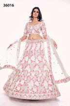 Off White Pakistani Net Lehenga Choli For Indian Festivals & Weddings - Sequence Embroidery Work, Thread Embroidery Work, Dori Work, Zarkan Work
