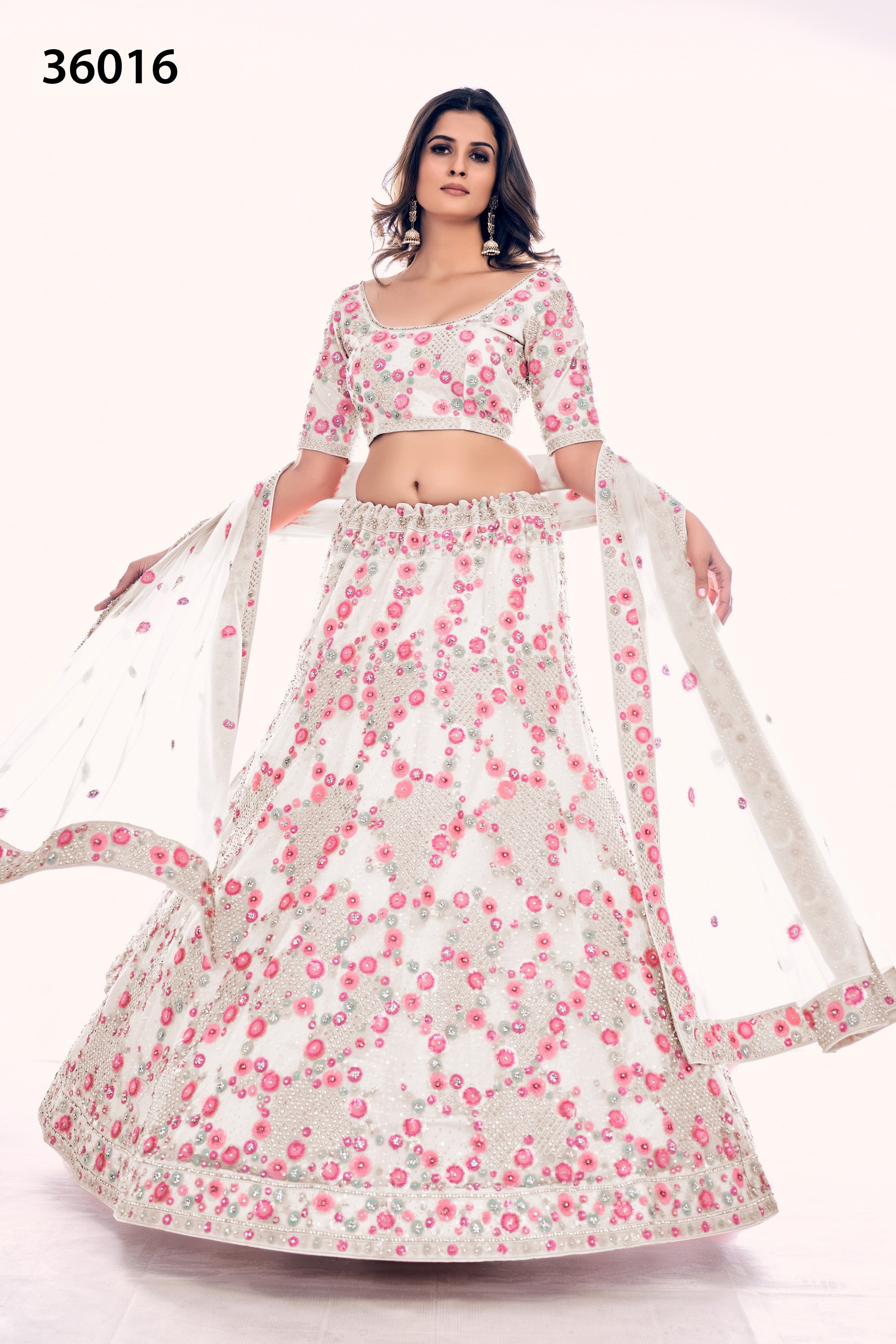 Off White Pakistani Net Lehenga Choli For Indian Festivals & Weddings - Sequence Embroidery Work, Thread Embroidery Work, Dori Work, Zarkan Work