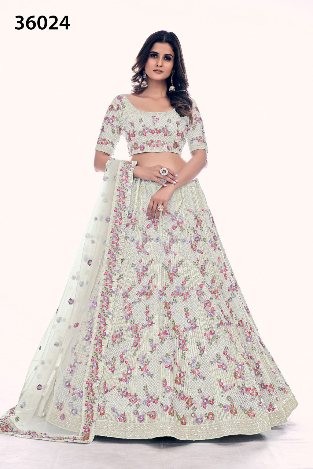 Off White Pakistani Net Lehenga Choli For Indian Festivals & Weddings - Sequence Embroidery Work, Thread Embroidery Work, Dori Work, Zarkan Work