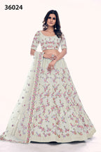 Off White Pakistani Net Lehenga Choli For Indian Festivals & Weddings - Sequence Embroidery Work, Thread Embroidery Work, Dori Work, Zarkan Work