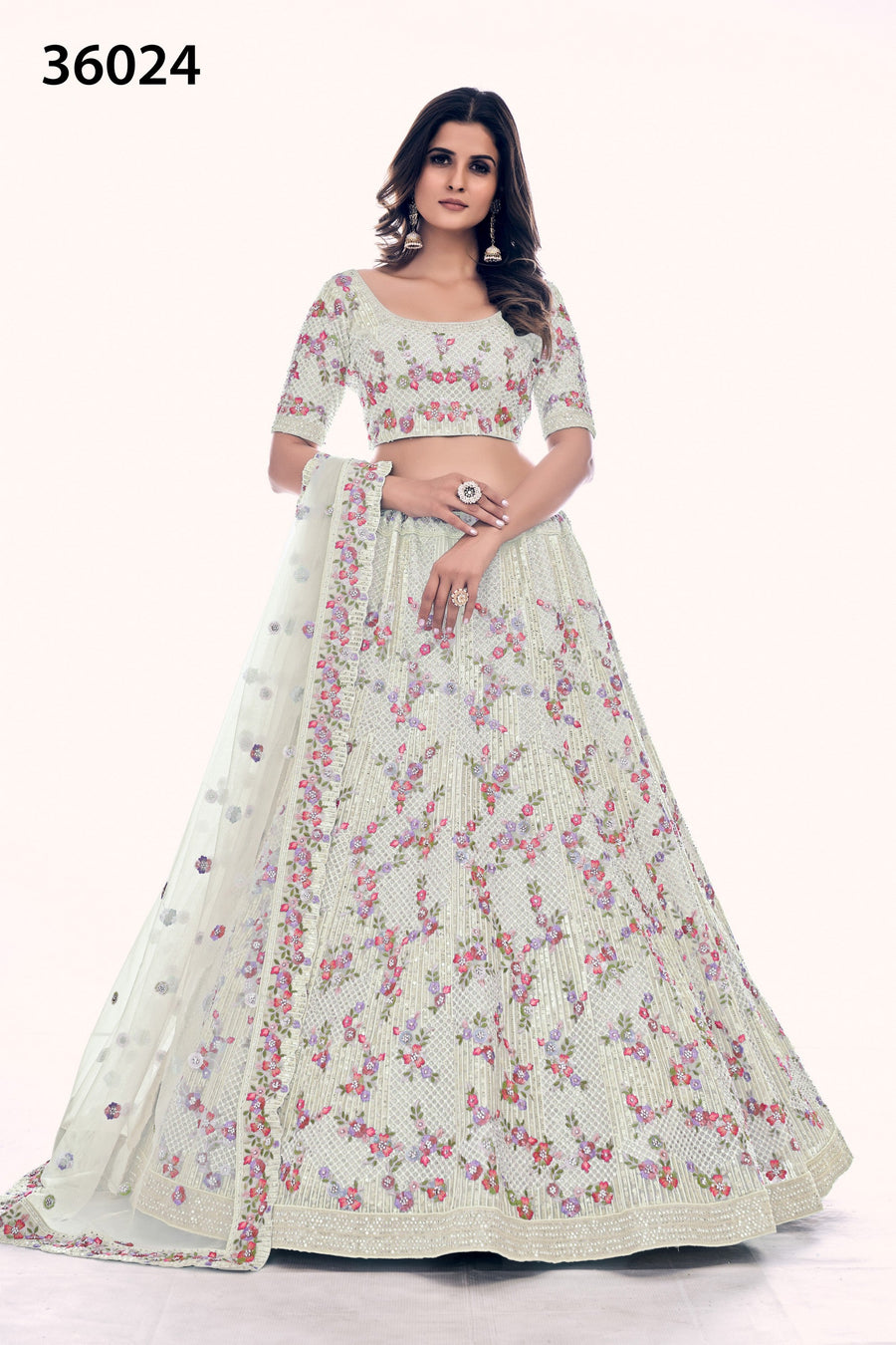 Off White Pakistani Net Lehenga Choli For Indian Festivals & Weddings - Sequence Embroidery Work, Thread Embroidery Work, Dori Work, Zarkan Work