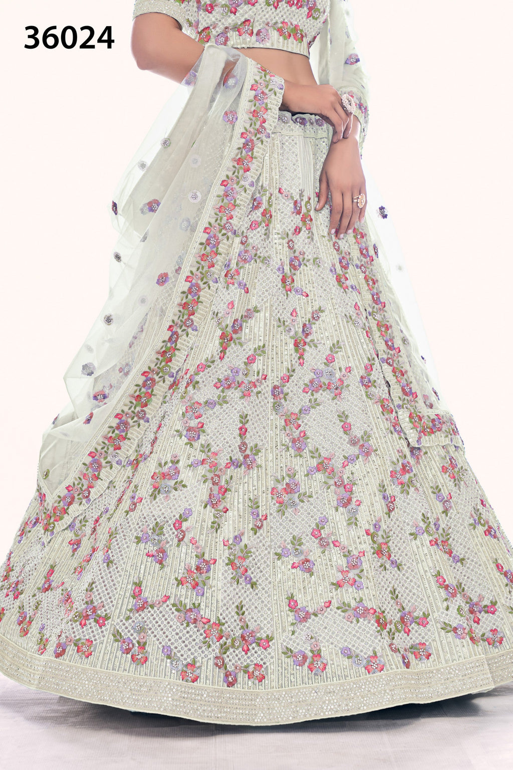 Off White Pakistani Net Lehenga Choli For Indian Festivals & Weddings - Sequence Embroidery Work, Thread Embroidery Work, Dori Work, Zarkan Work