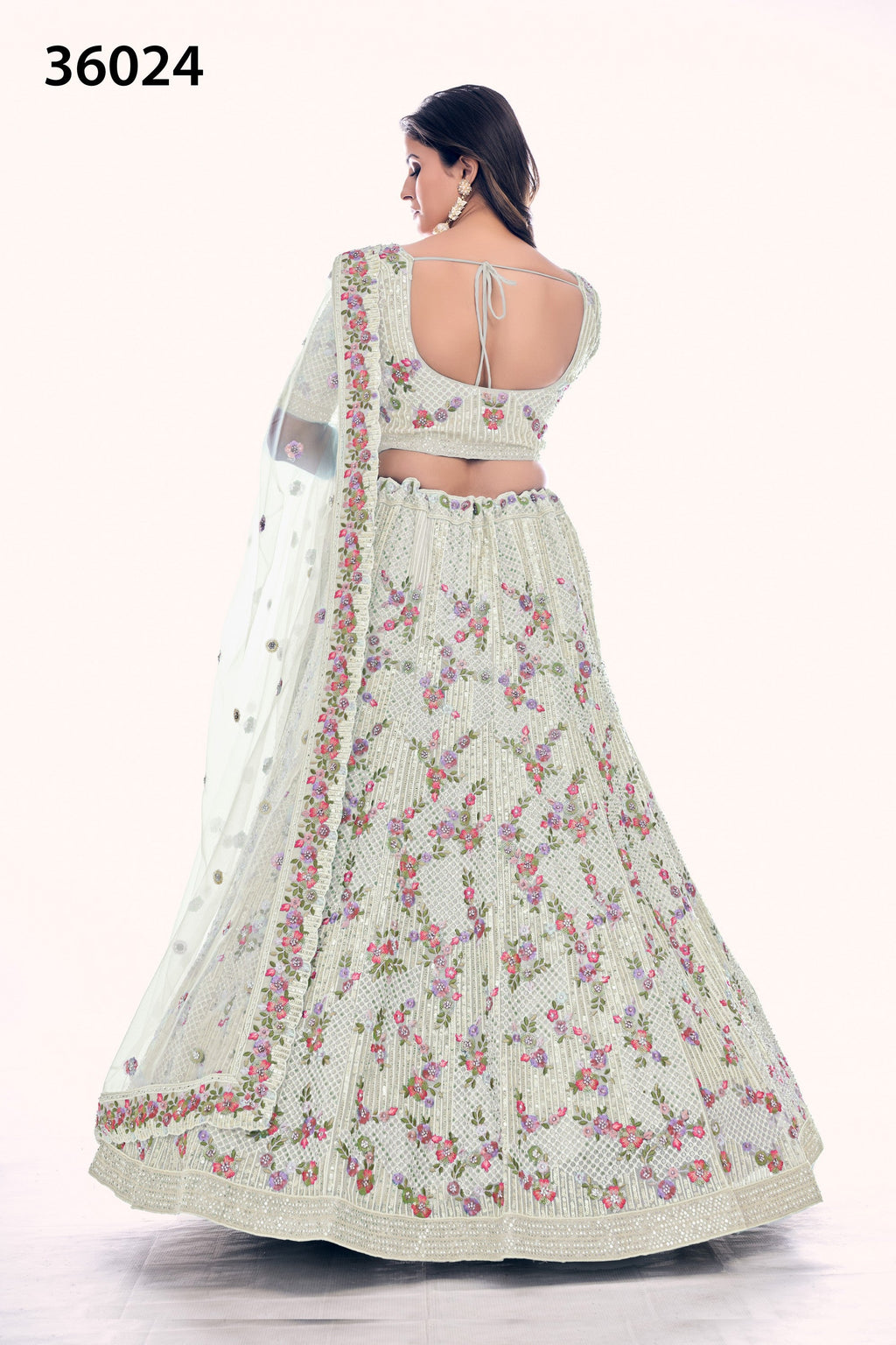 Off White Pakistani Net Lehenga Choli For Indian Festivals & Weddings - Sequence Embroidery Work, Thread Embroidery Work, Dori Work, Zarkan Work