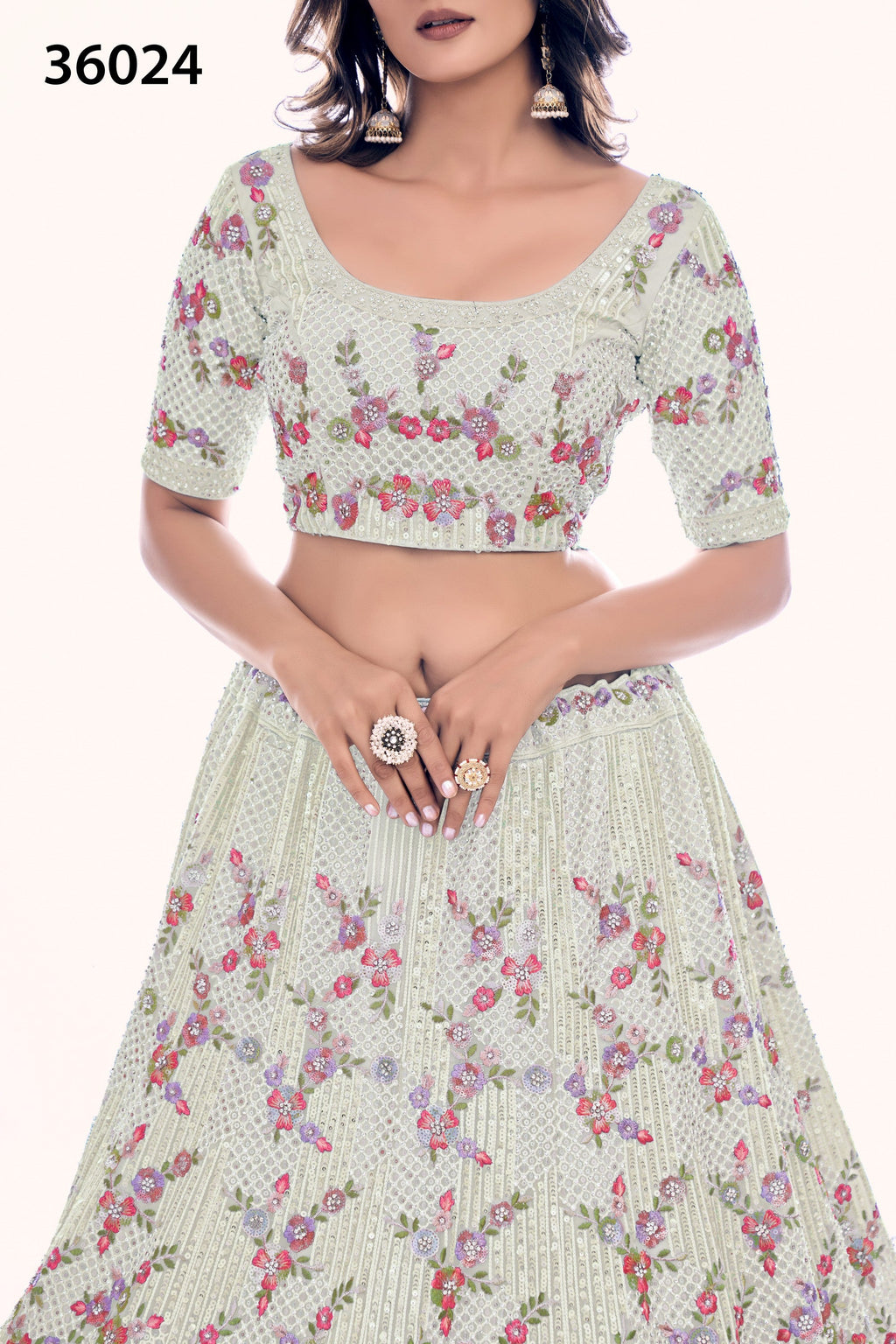 Off White Pakistani Net Lehenga Choli For Indian Festivals & Weddings - Sequence Embroidery Work, Thread Embroidery Work, Dori Work, Zarkan Work