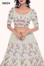 Off White Pakistani Net Lehenga Choli For Indian Festivals & Weddings - Sequence Embroidery Work, Thread Embroidery Work, Dori Work, Zarkan Work