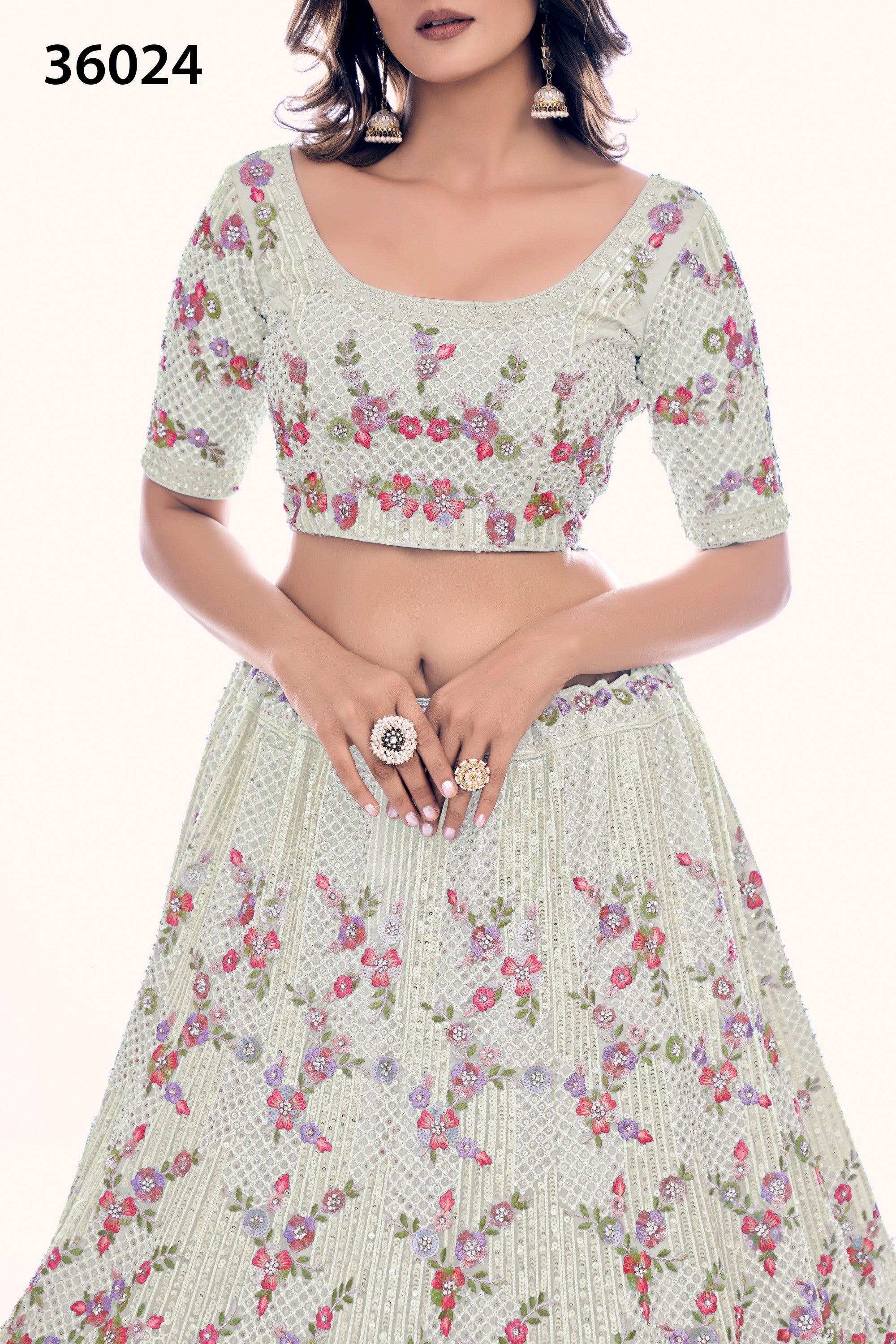 Off White Pakistani Net Lehenga Choli For Indian Festivals & Weddings - Sequence Embroidery Work, Thread Embroidery Work, Dori Work, Zarkan Work