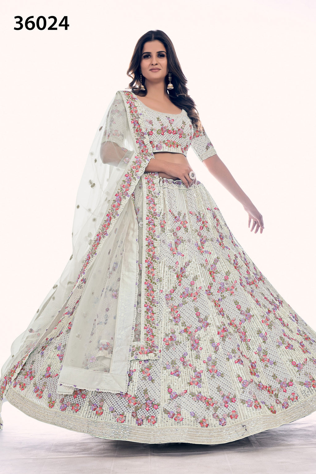 Off White Pakistani Net Lehenga Choli For Indian Festivals & Weddings - Sequence Embroidery Work, Thread Embroidery Work, Dori Work, Zarkan Work