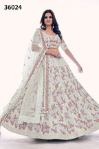 Off White Pakistani Net Lehenga Choli For Indian Festivals & Weddings - Sequence Embroidery Work, Thread Embroidery Work, Dori Work, Zarkan Work