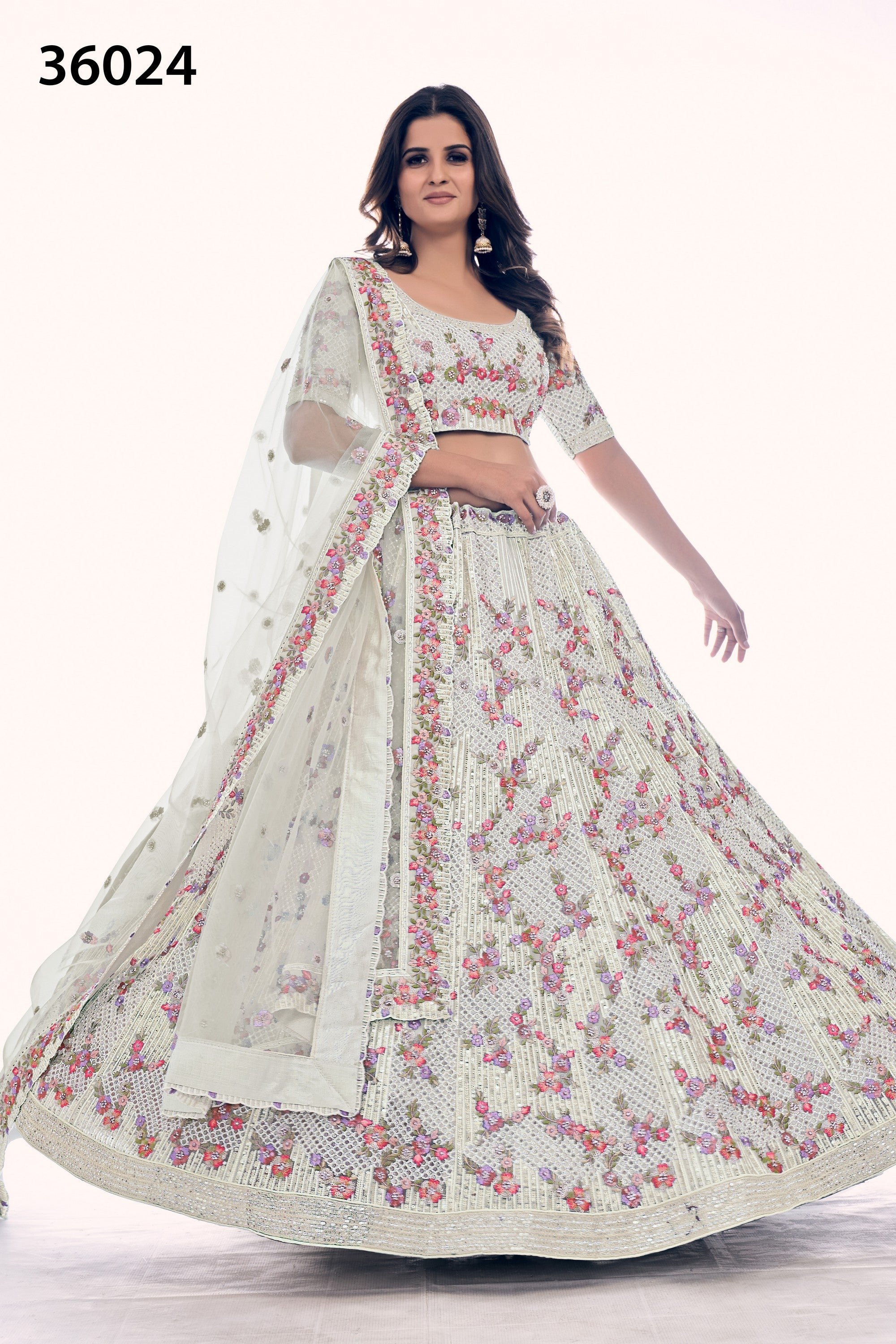 Off White Pakistani Net Lehenga Choli For Indian Festivals & Weddings - Sequence Embroidery Work, Thread Embroidery Work, Dori Work, Zarkan Work