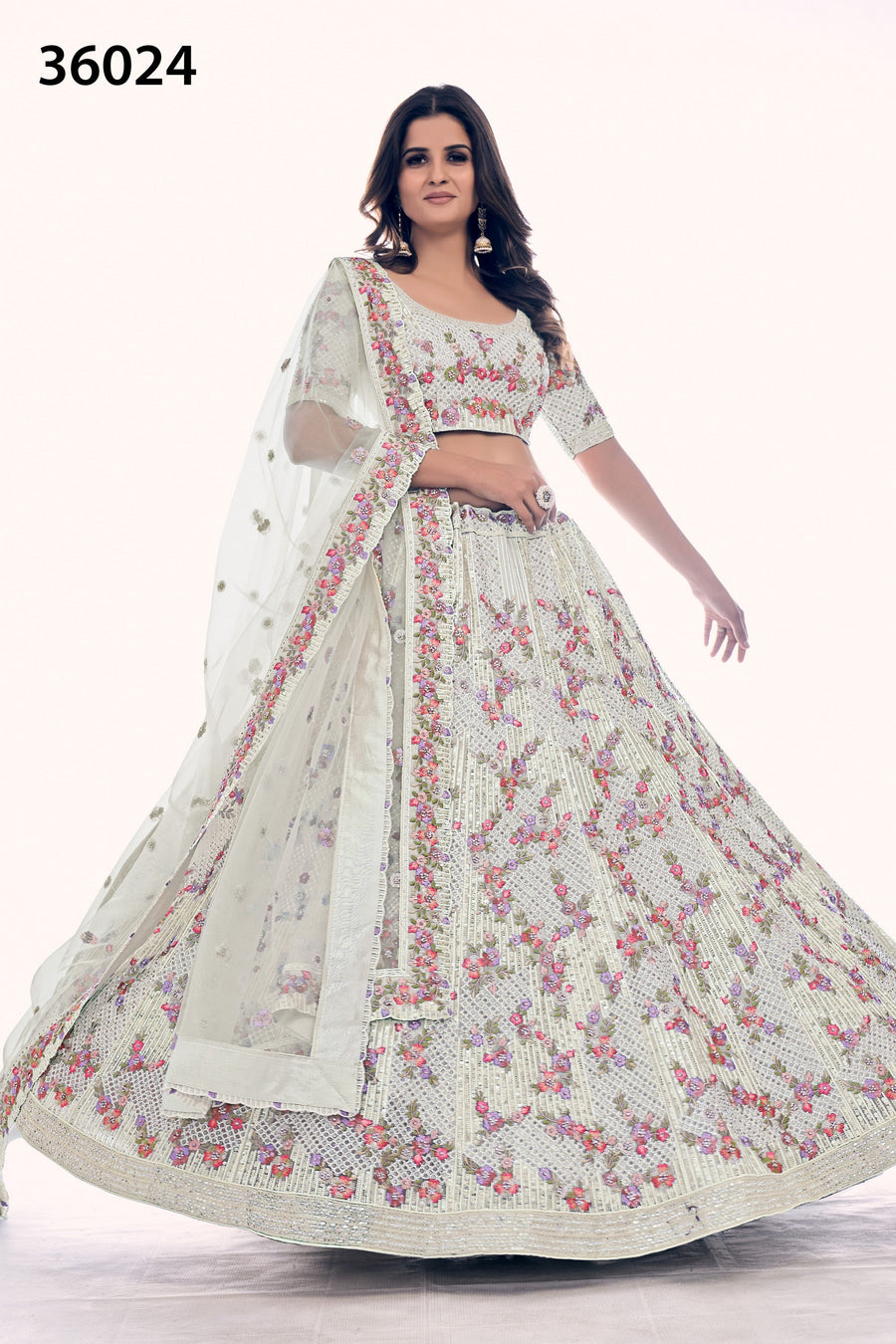 Off White Pakistani Net Lehenga Choli For Indian Festivals & Weddings - Sequence Embroidery Work, Thread Embroidery Work, Dori Work, Zarkan Work