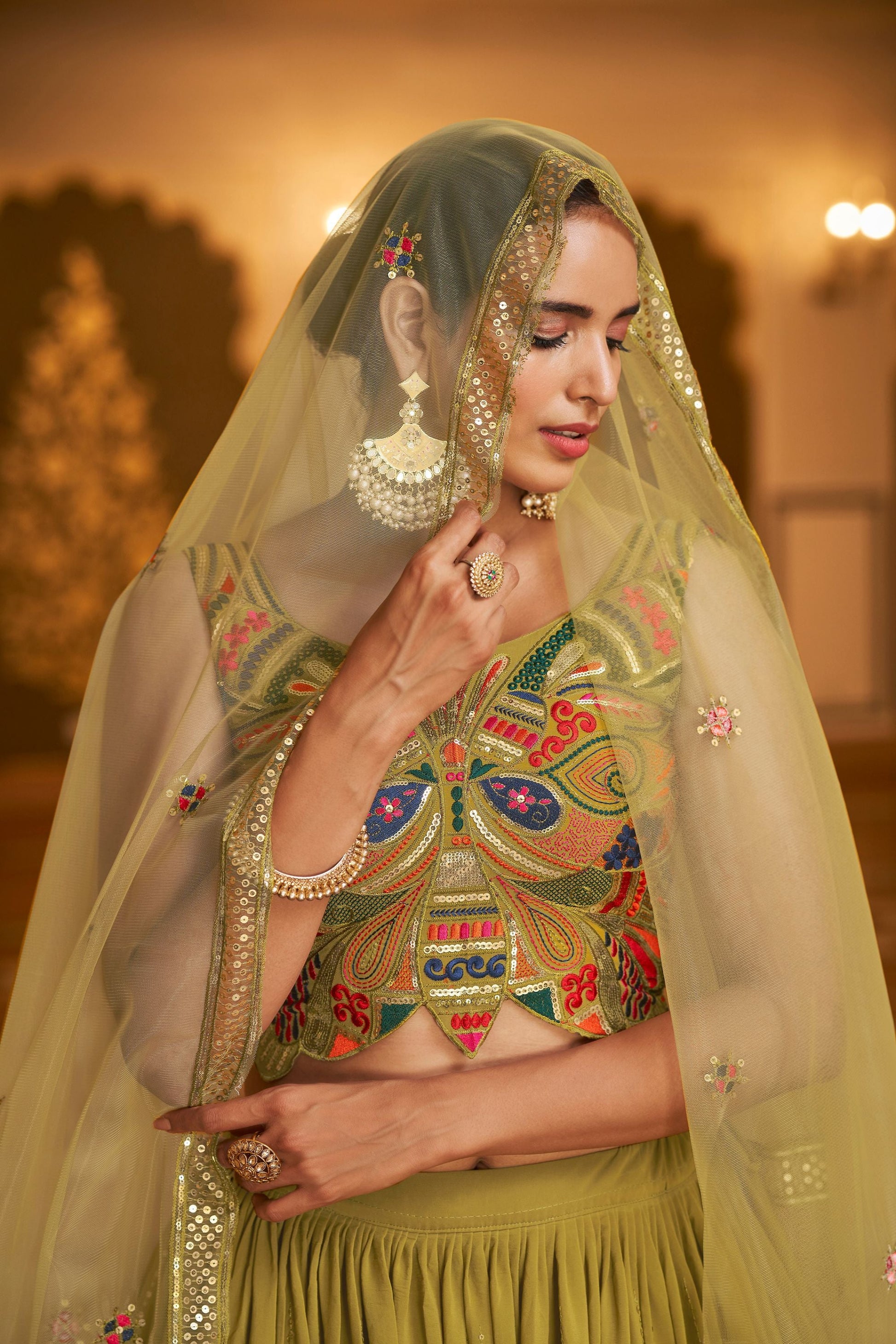 Olive Georgette Lehenga Choli For Indian Festivals & Weddings - Thread Work, Sequence Embroidery Work