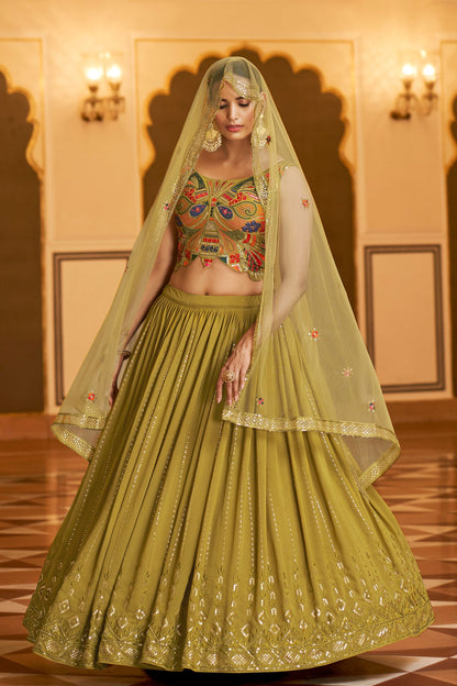 Olive Georgette Lehenga Choli For Indian Festivals & Weddings - Thread Work, Sequence Embroidery Work