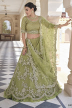 Olive Green Pakistani Net Lehenga Choli For Indian Festival & Weddings - Sequence Embroidery Work, Dori Work