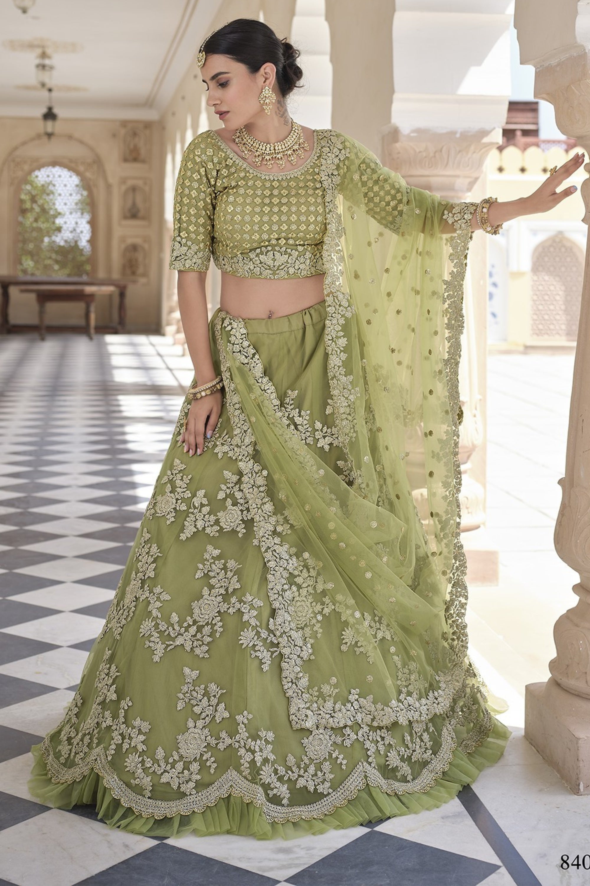 Olive Green Pakistani Net Lehenga Choli For Indian Festival & Weddings - Sequence Embroidery Work, Dori Work