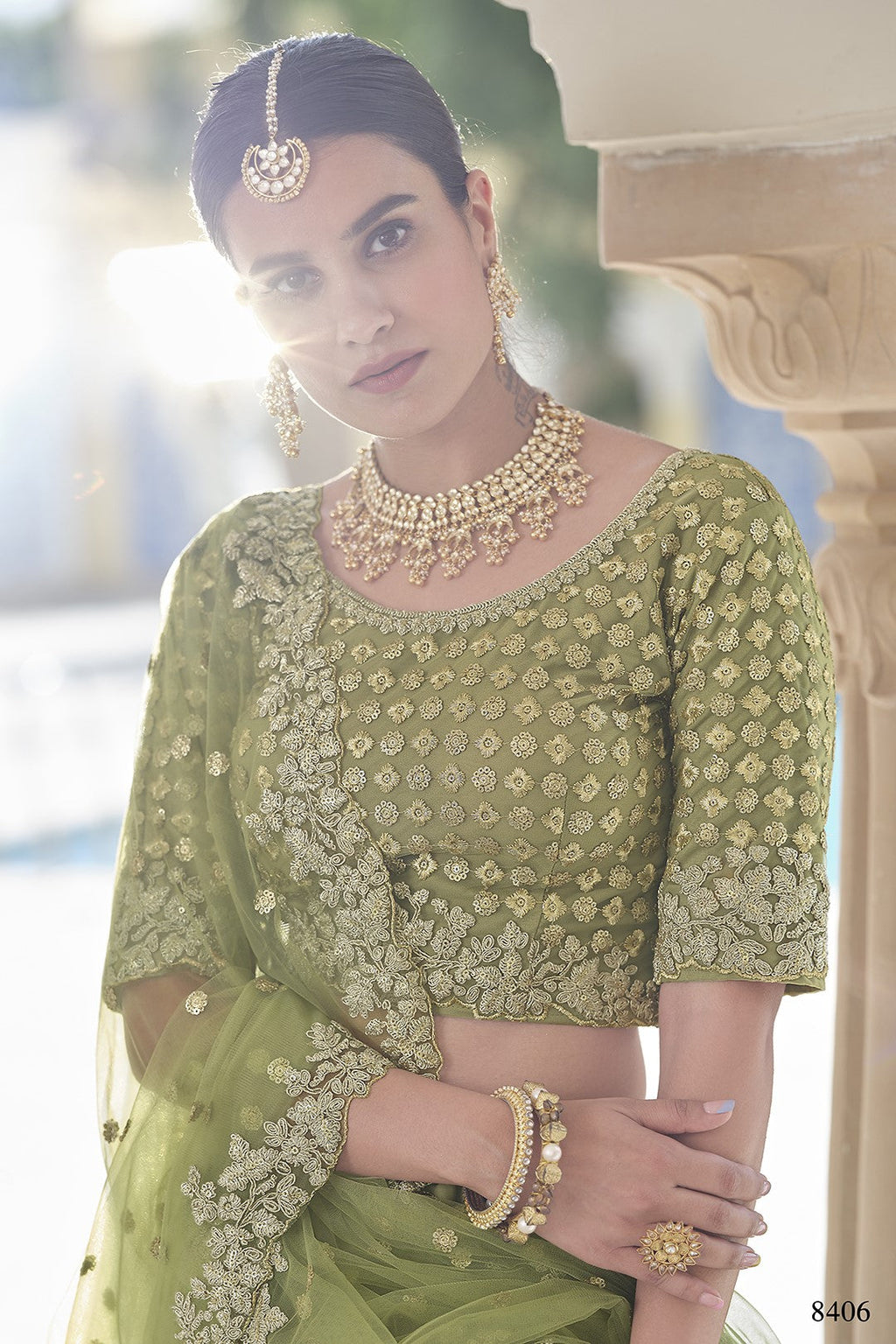 Olive Green Pakistani Net Lehenga Choli For Indian Festival & Weddings - Sequence Embroidery Work, Dori Work