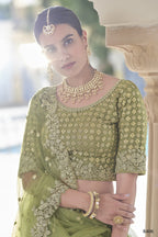 Olive Green Pakistani Net Lehenga Choli For Indian Festival & Weddings - Sequence Embroidery Work, Dori Work