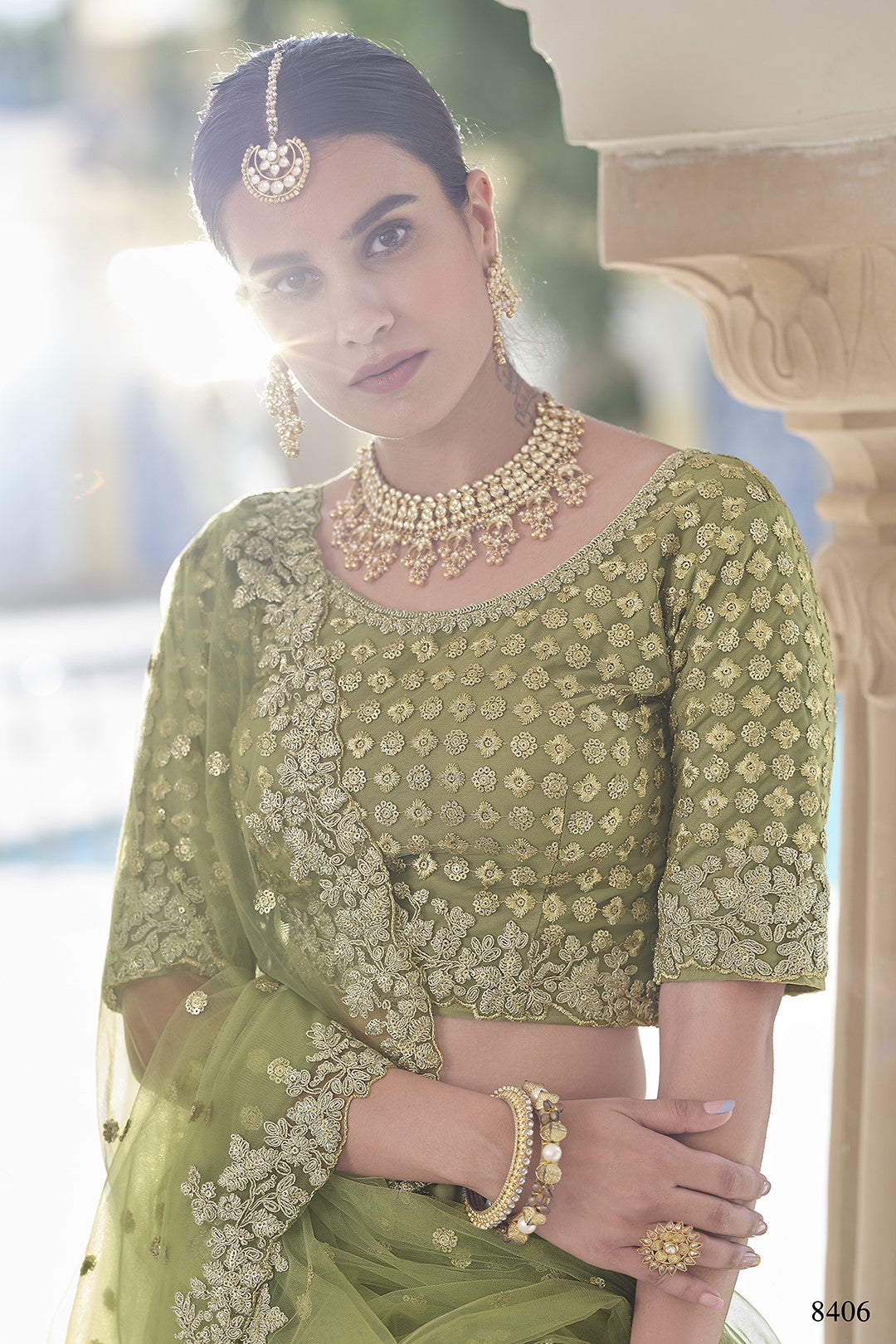 Olive Green Pakistani Net Lehenga Choli For Indian Festival & Weddings - Sequence Embroidery Work, Dori Work