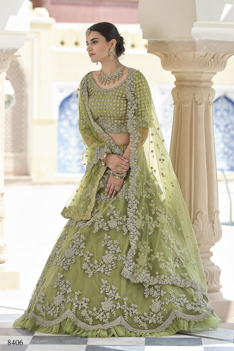 Olive Green Pakistani Net Lehenga Choli For Indian Festival & Weddings - Sequence Embroidery Work, Dori Work
