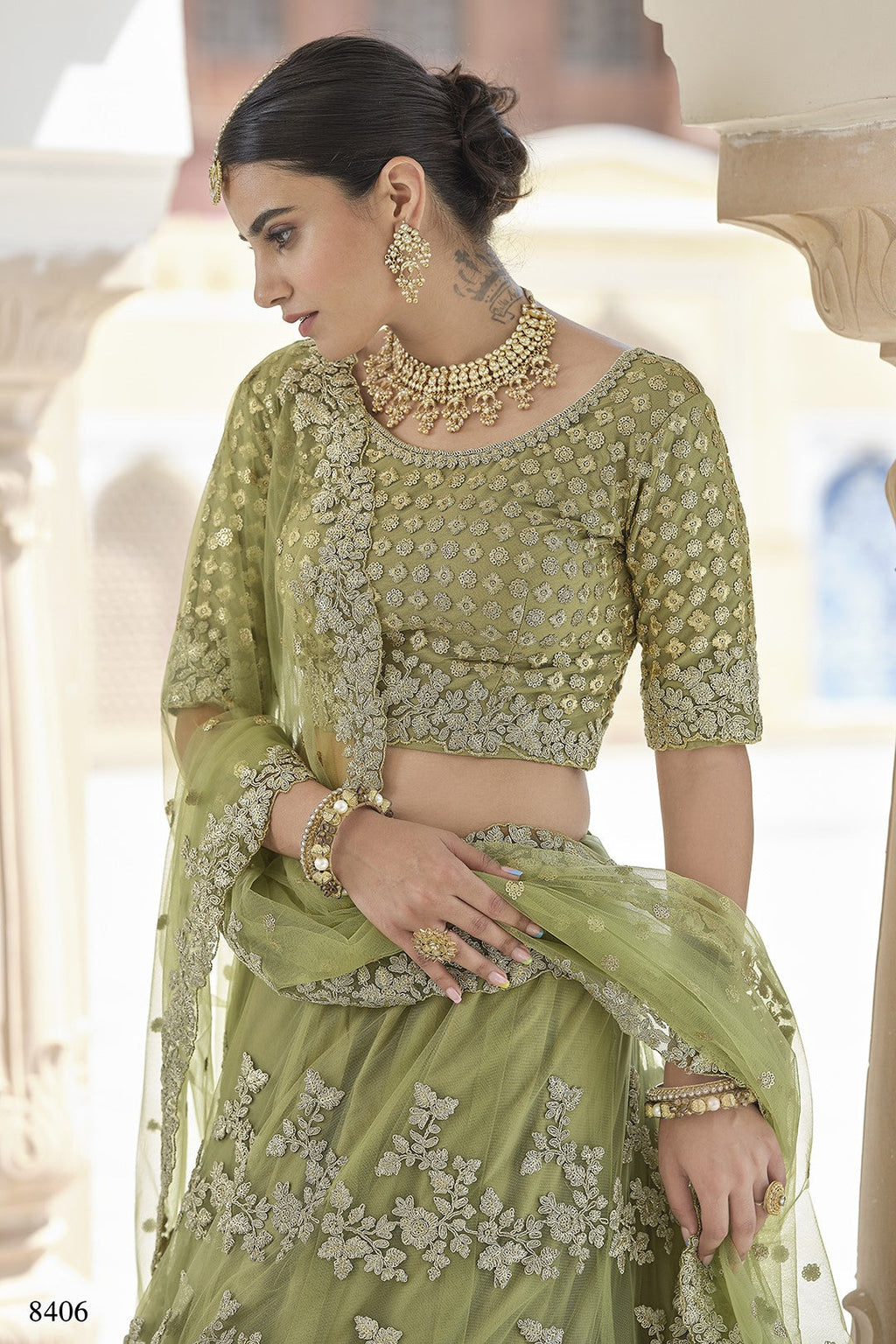 Olive Green Pakistani Net Lehenga Choli For Indian Festival & Weddings - Sequence Embroidery Work, Dori Work