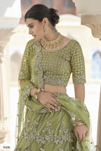 Olive Green Pakistani Net Lehenga Choli For Indian Festival & Weddings - Sequence Embroidery Work, Dori Work