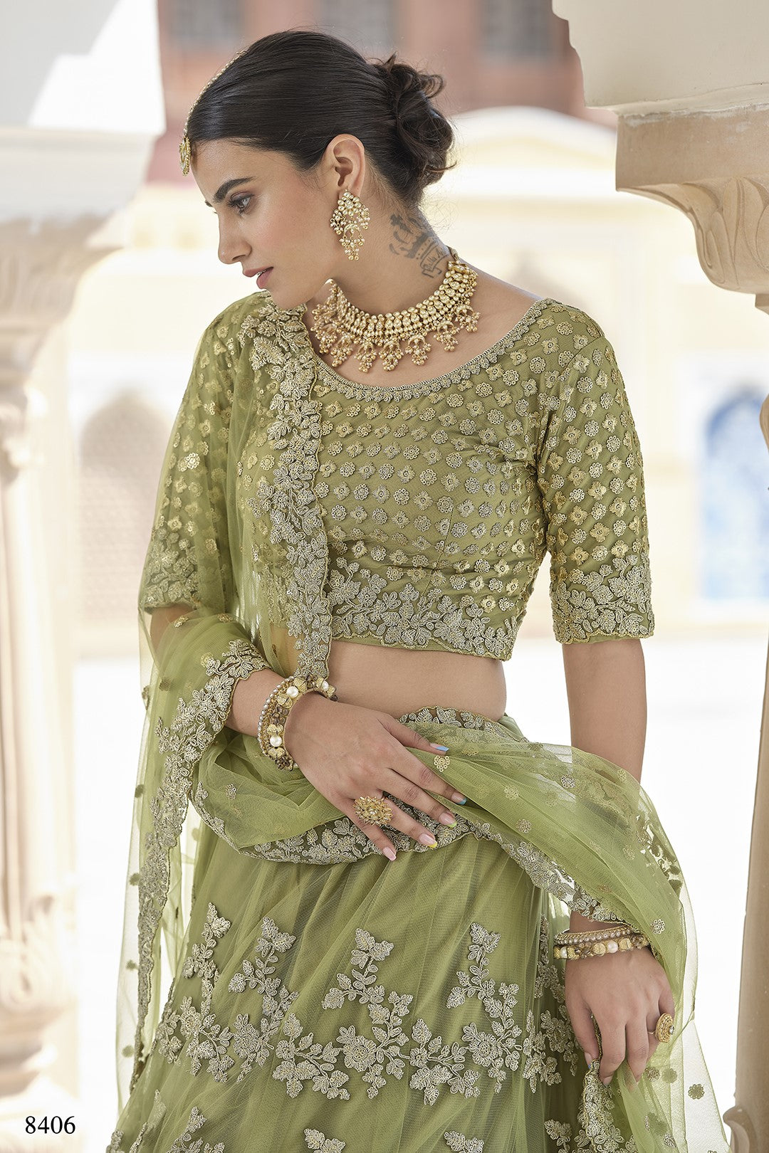 Olive Green Pakistani Net Lehenga Choli For Indian Festival & Weddings - Sequence Embroidery Work, Dori Work
