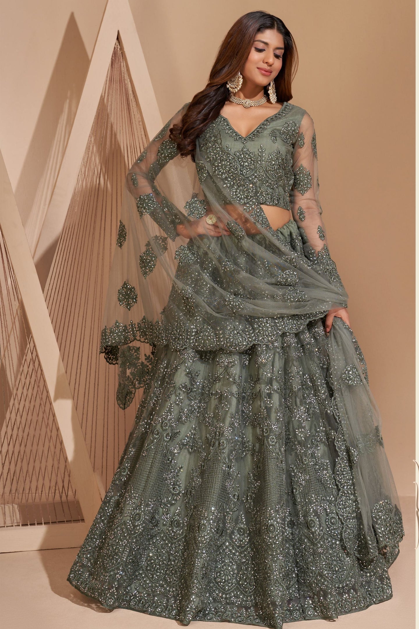 Olive Pakistani Net Lehenga Choli For Indian Festivals & Weddings - Thread Embroidery Work, Codding Work