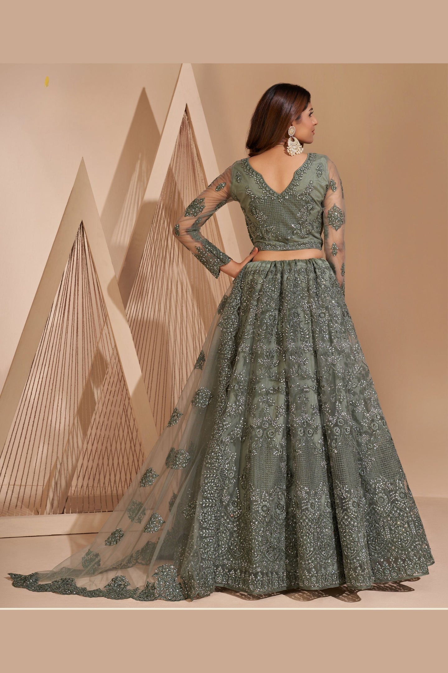 Olive Pakistani Net Lehenga Choli For Indian Festivals & Weddings - Thread Embroidery Work, Codding Work