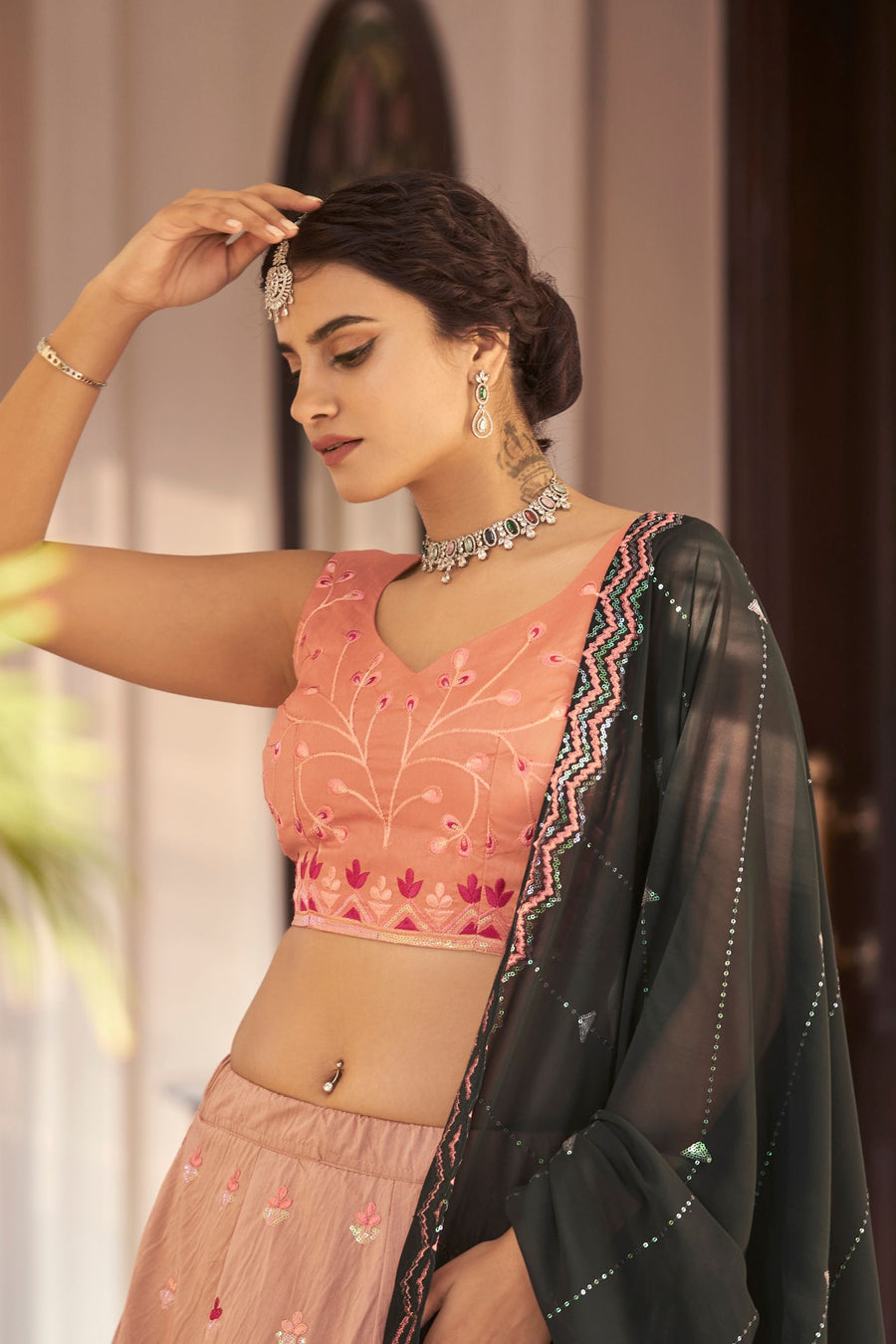 Orange Art Silk Lehenga Choli For Indian Festivals & Weddings - Sequence Embroidery Work, Thread Work