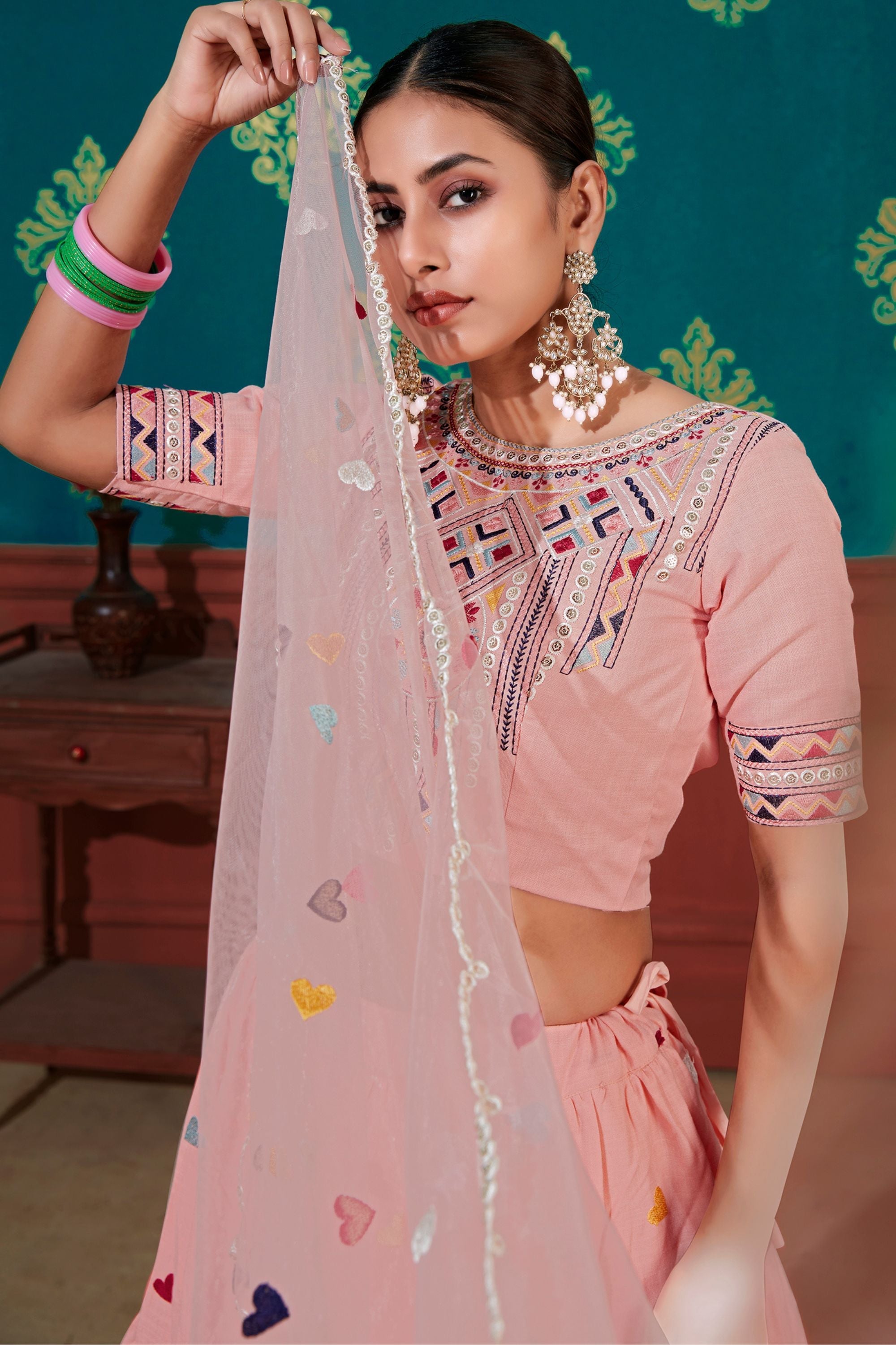 Peach Pakistani Cotton Lehenga Choli For Indian Festivals & Weddings - Sequence Embroidery Work, Thread Embroidery Work,