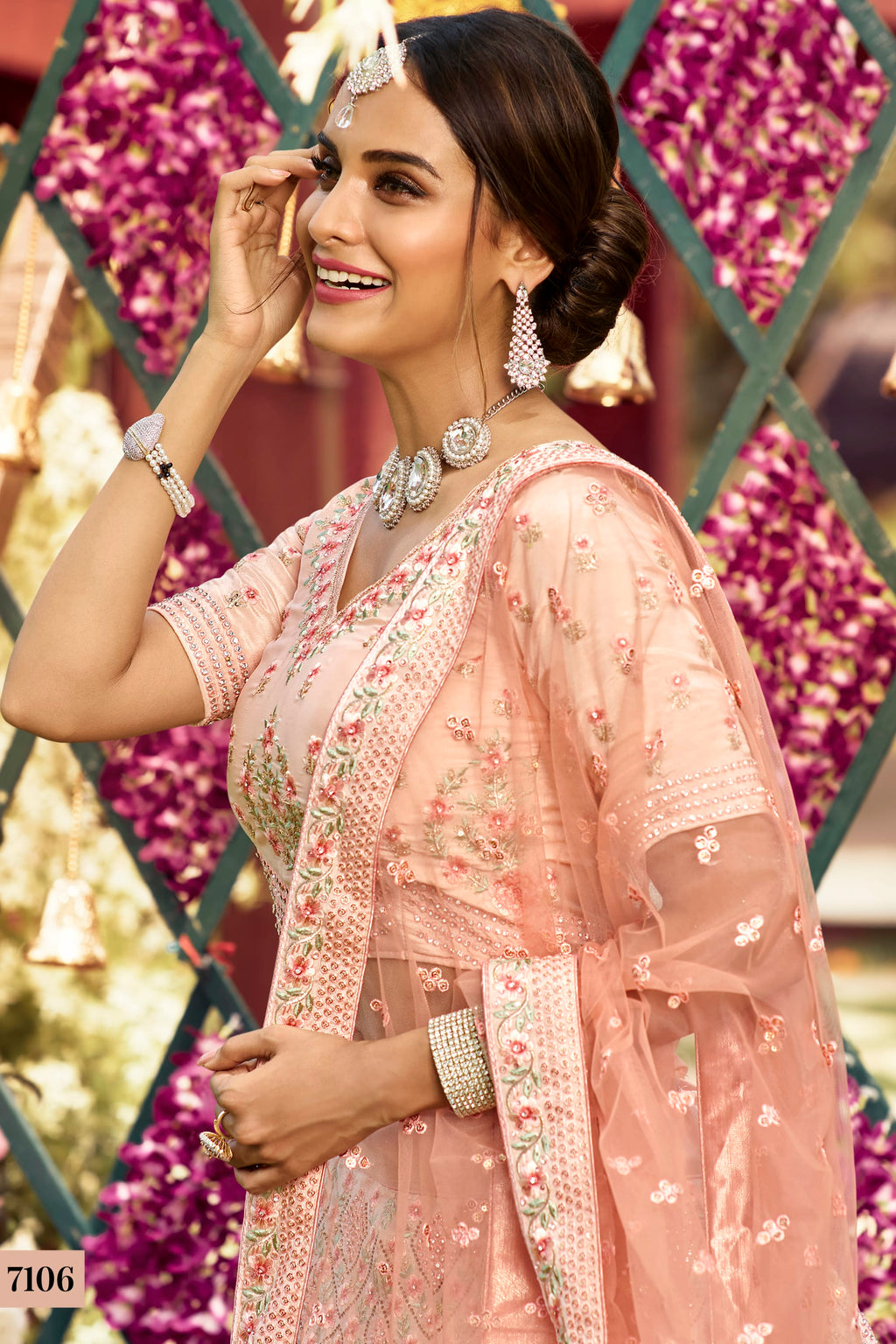 Peach Pakistani Crepe Lehenga Choli For Indian Festivals & Weddings - Resham Embroidery Work, Zari Work, Swarovski Work