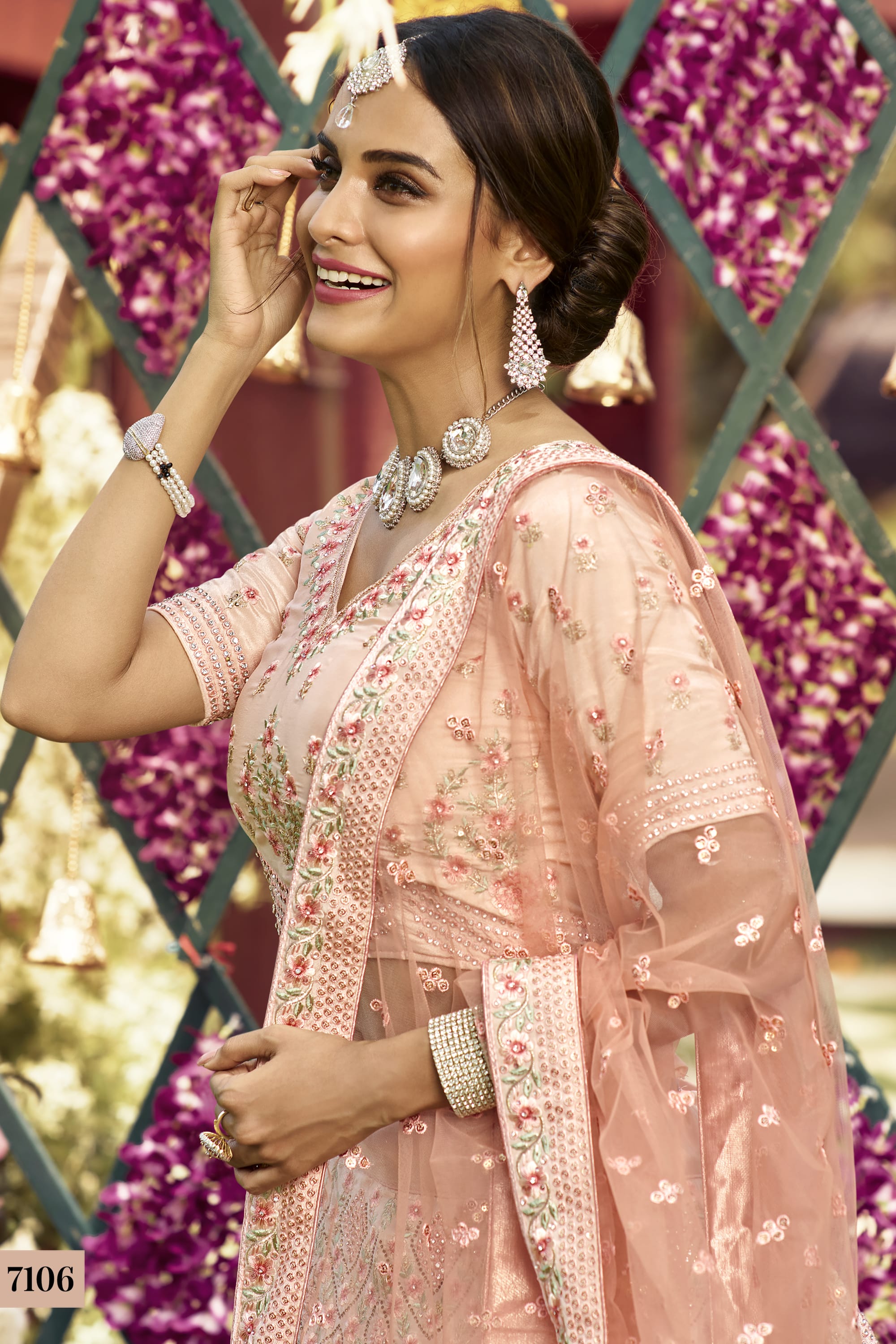 Peach Pakistani Crepe Lehenga Choli For Indian Festivals & Weddings - Resham Embroidery Work, Zari Work, Swarovski Work