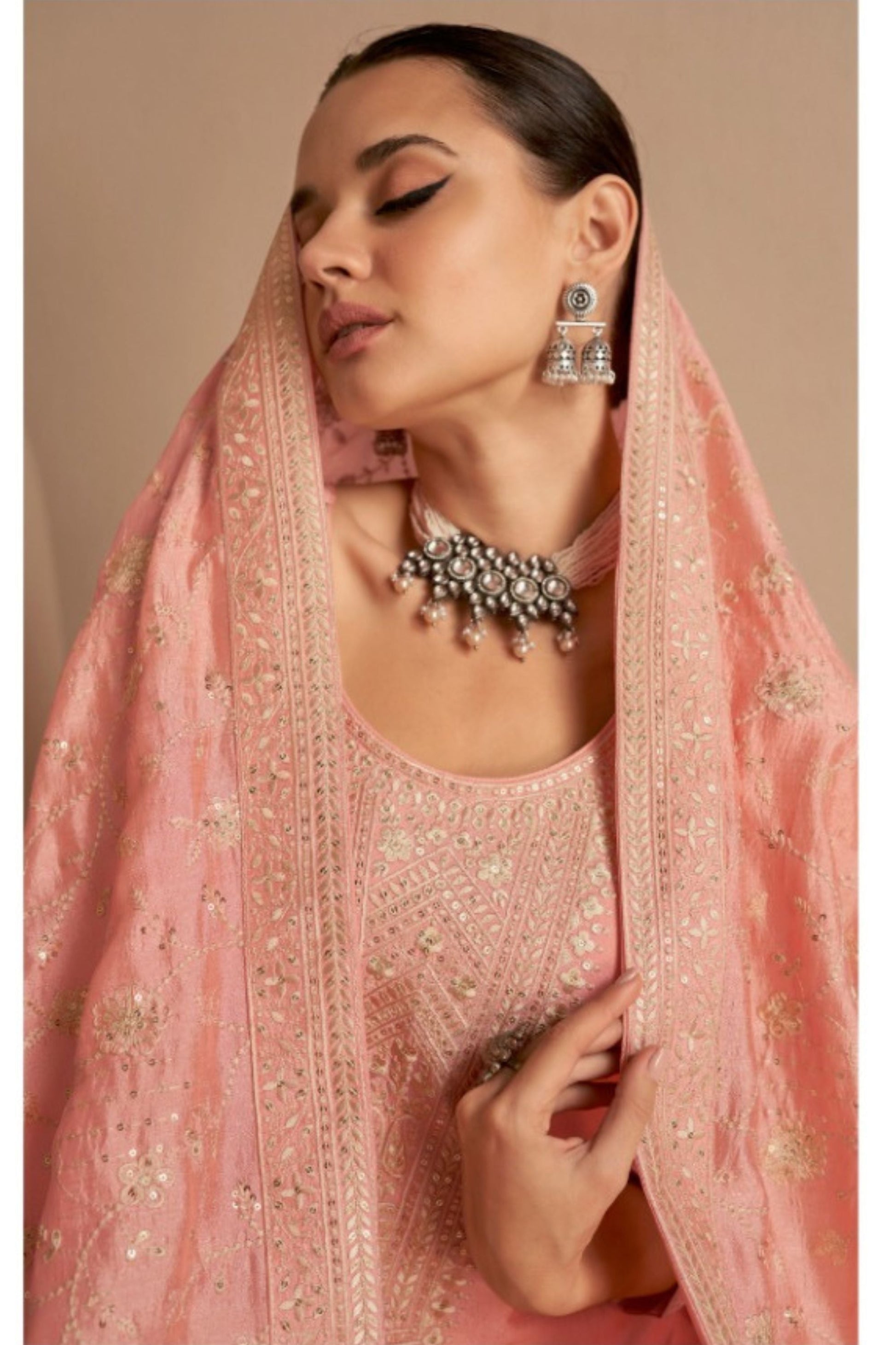 Peach Pakistani Silk Salwar Kameez For Indian Festivals & Weddings - Thread Embroidery Work,