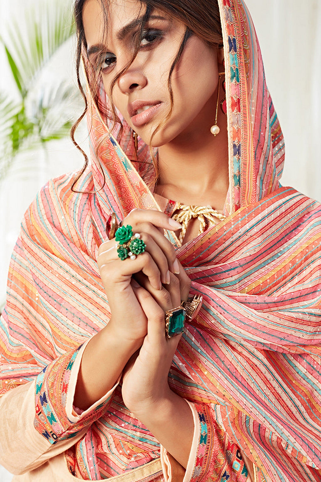 Peach Pakistani Cotton Salwar Kameez For Indian Festivals & Weddings - Print Work, Sequence Embroidery Work,