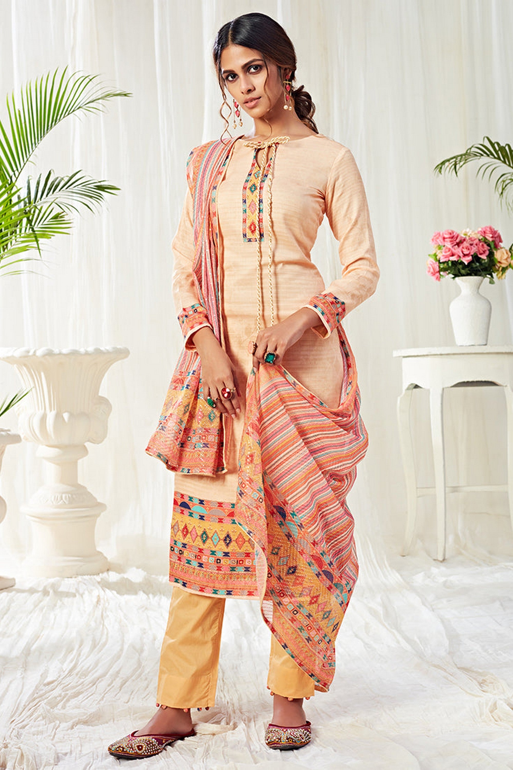 Peach Pakistani Cotton Salwar Kameez For Indian Festivals & Weddings - Print Work, Sequence Embroidery Work,