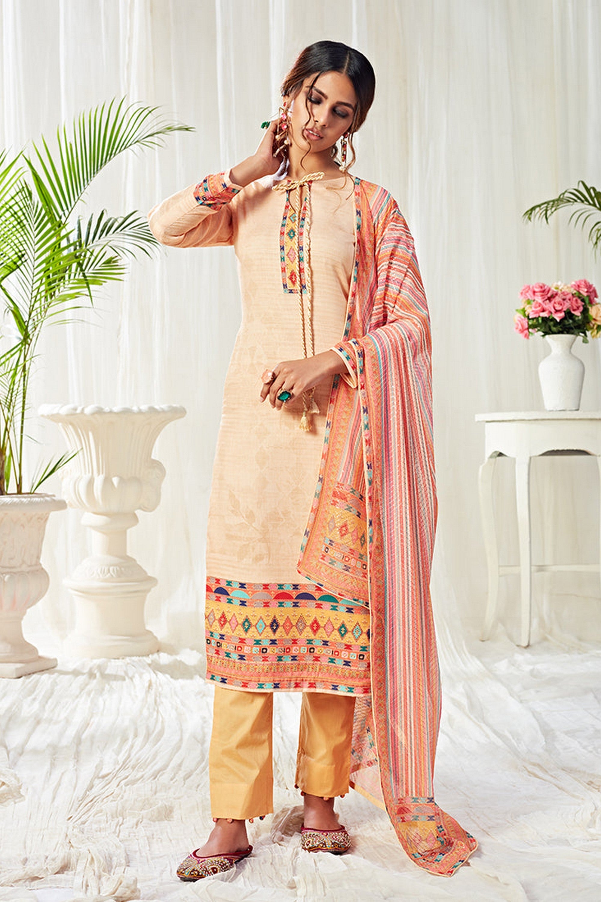 Peach Pakistani Cotton Salwar Kameez For Indian Festivals & Weddings - Print Work, Sequence Embroidery Work,