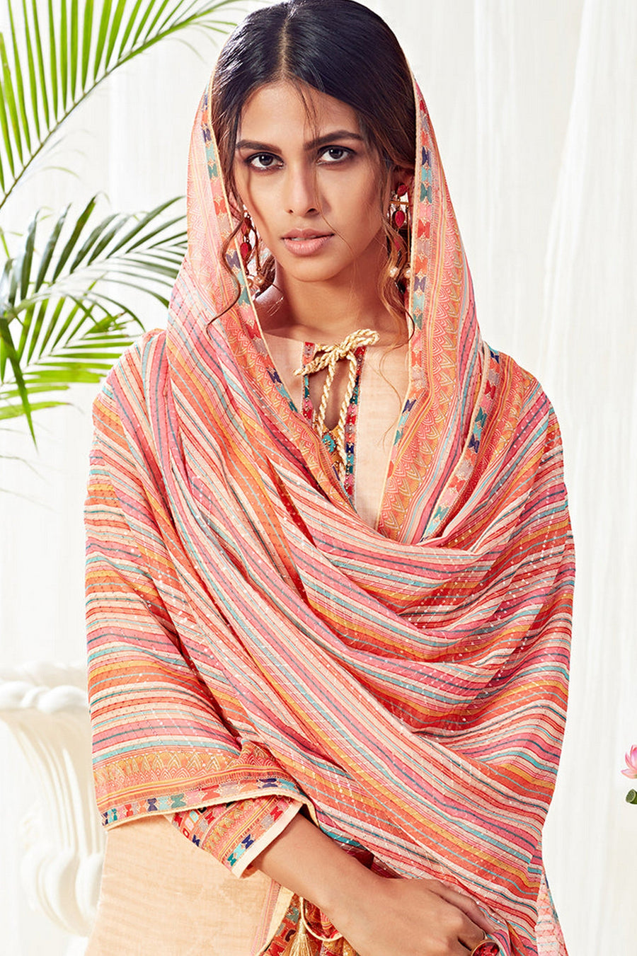 Peach Pakistani Cotton Salwar Kameez For Indian Festivals & Weddings - Print Work, Sequence Embroidery Work,