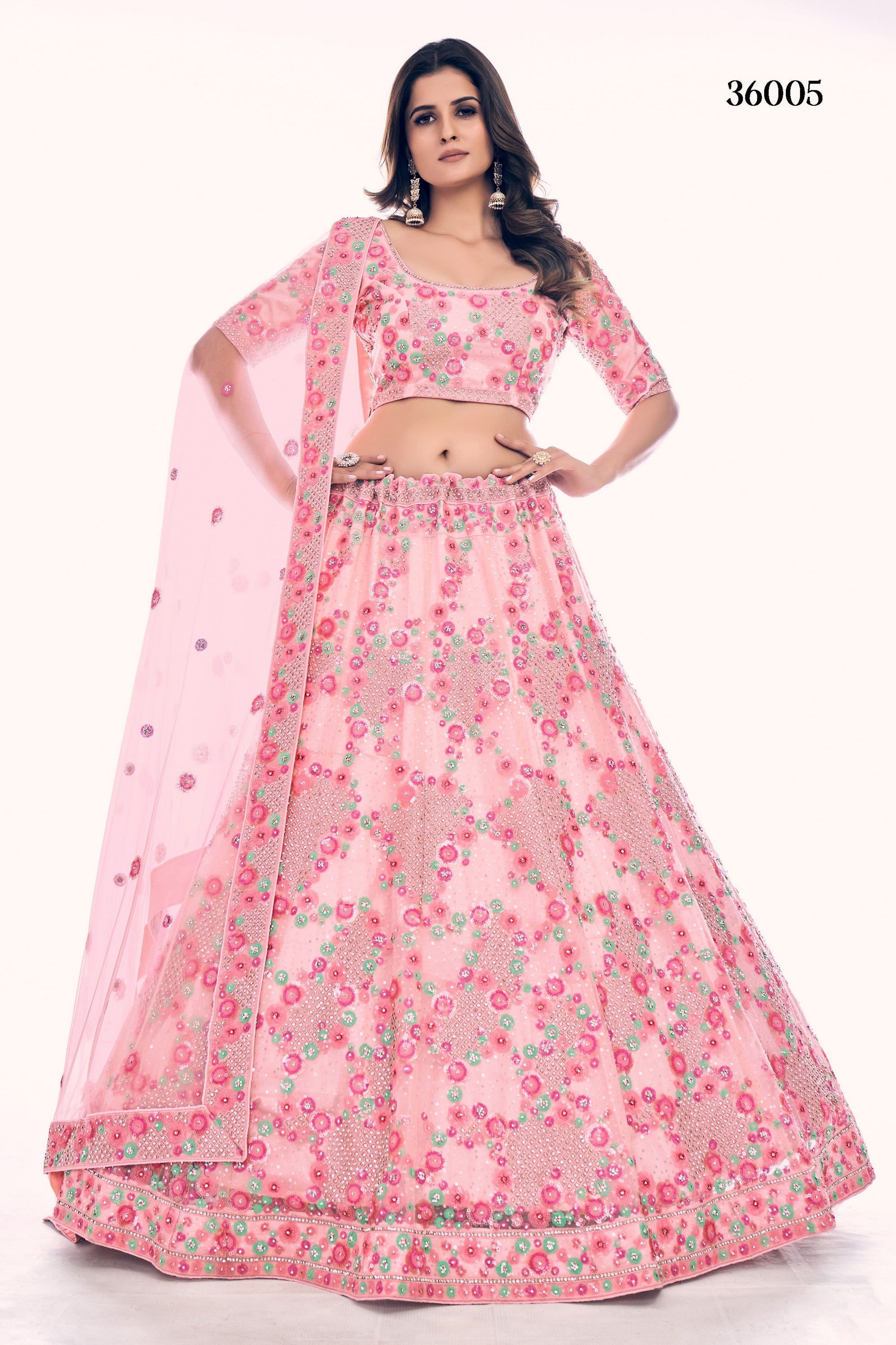 Peach Pakistani Net Lehenga Choli For Indian Festival & Weddings - Sequence Embroidery Work, Thread Embroidery Work, Dori Work, Zarkan Work