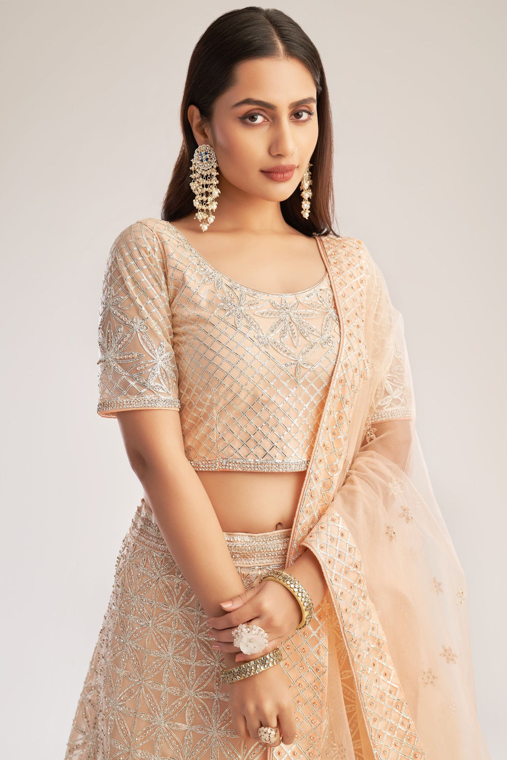 Peach Pakistani Net Lehenga Choli For Indian Festivals & Weddings - Thread Embroidery Work, Codding Work, Sequence Embroidery Work, Zarkan Work