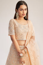 Peach Pakistani Net Lehenga Choli For Indian Festivals & Weddings - Thread Embroidery Work, Codding Work, Sequence Embroidery Work, Zarkan Work
