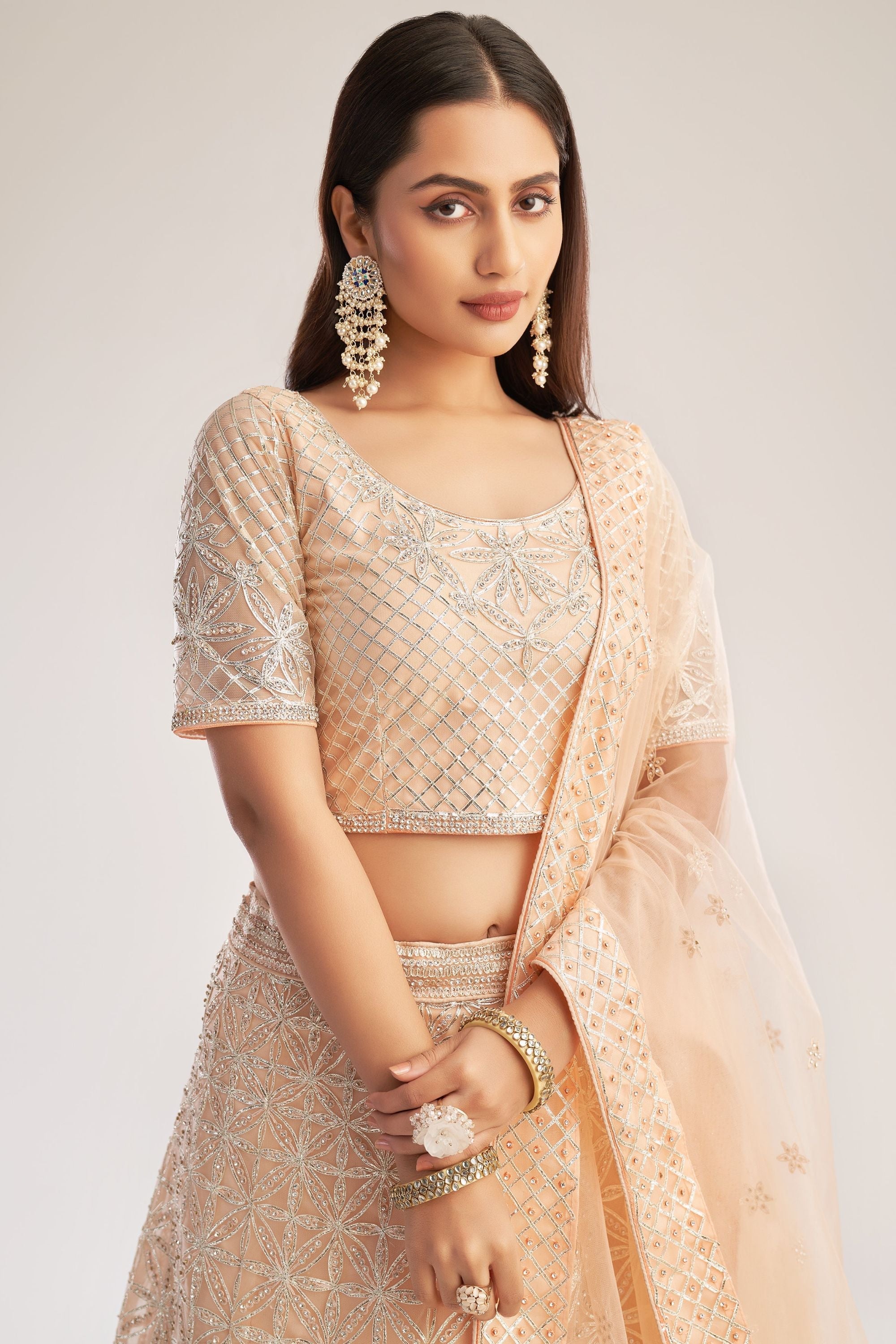 Peach Pakistani Net Lehenga Choli For Indian Festivals & Weddings - Thread Embroidery Work, Codding Work, Sequence Embroidery Work, Zarkan Work