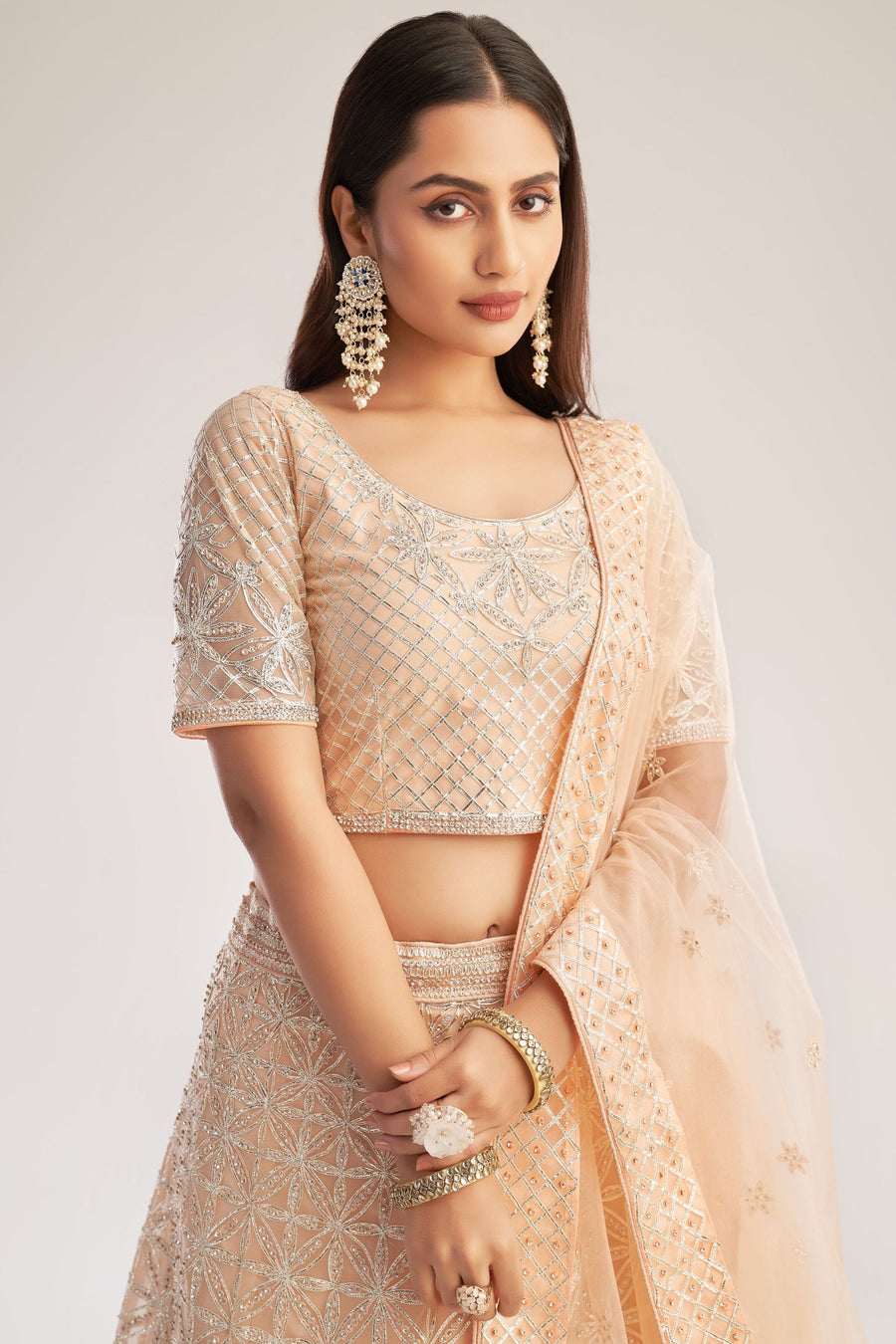 Peach Pakistani Net Lehenga Choli For Indian Festivals & Weddings - Thread Embroidery Work, Codding Work, Sequence Embroidery Work, Zarkan Work