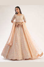 Peach Pakistani Net Lehenga Choli For Indian Festivals & Weddings - Thread Embroidery Work, Codding Work, Sequence Embroidery Work, Zarkan Work