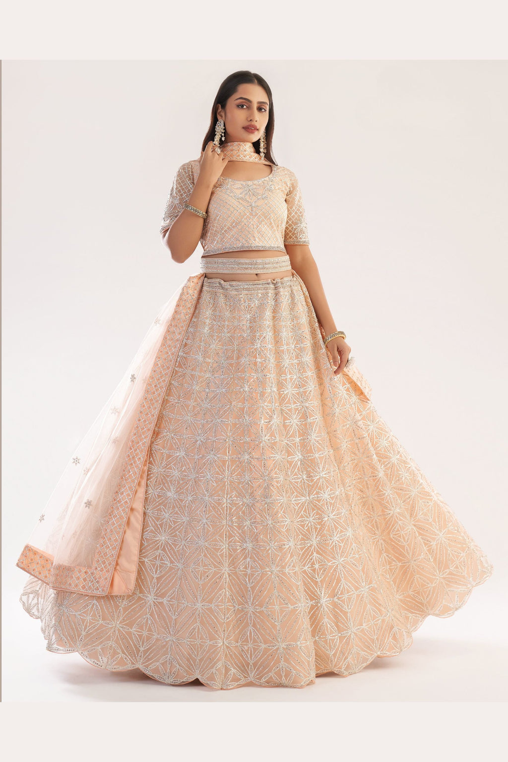Peach Pakistani Net Lehenga Choli For Indian Festivals & Weddings - Thread Embroidery Work, Codding Work, Sequence Embroidery Work, Zarkan Work
